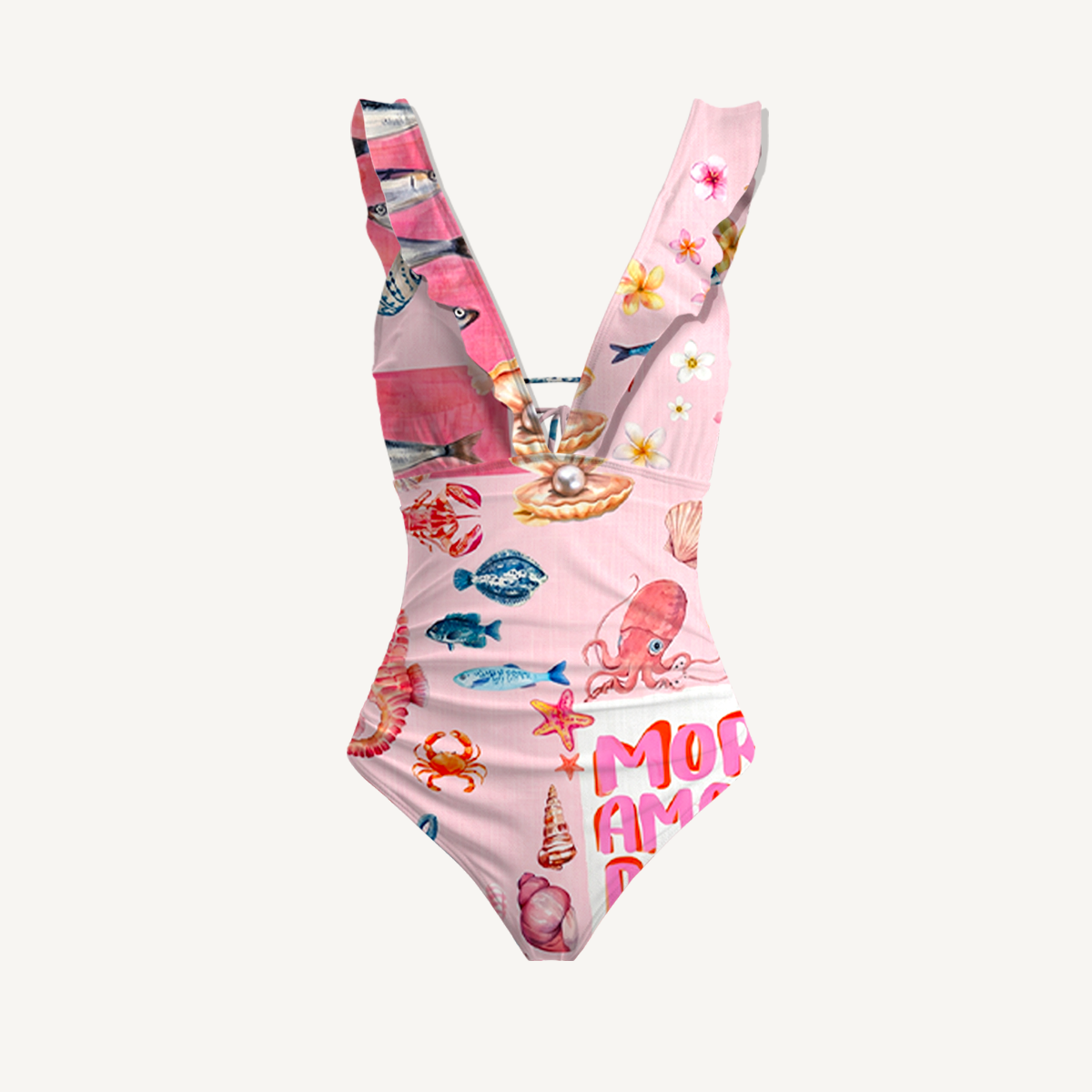 Pink Ocean Life Ruffled V Neck One Piece Swimsuit and Matching Midi Skirt Set