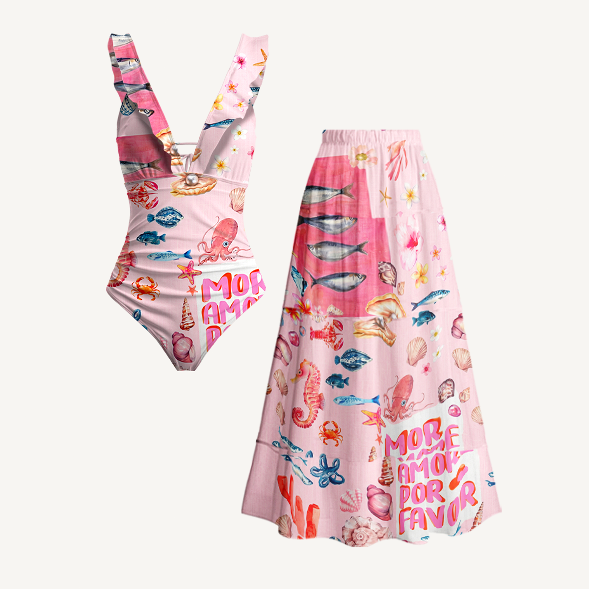 Pink Ocean Life Ruffled V Neck One Piece Swimsuit and Matching Midi Skirt Set