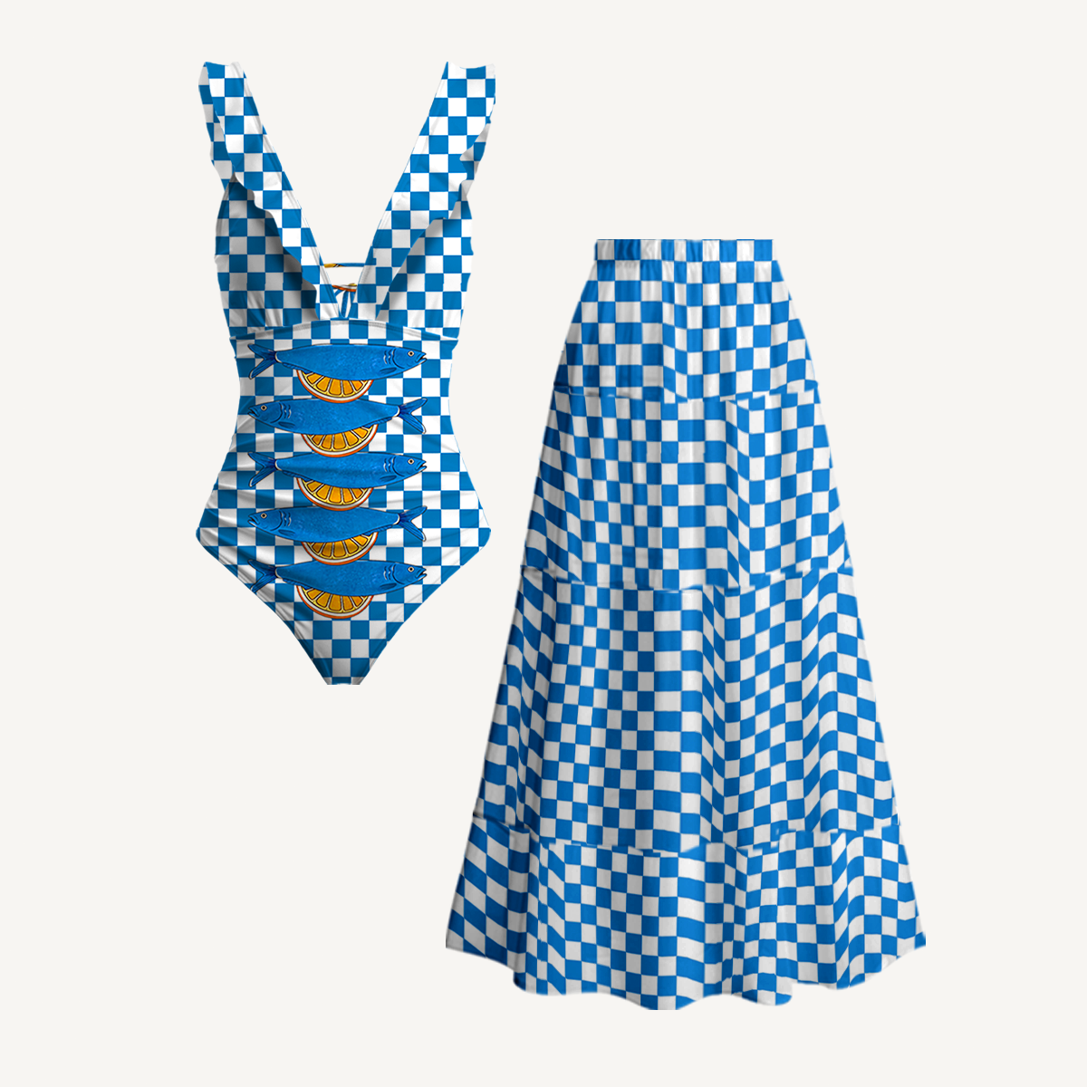 Blue Check Lemon Ruffled V Neck One Piece Swimsuit and Matching Midi Skirt Set