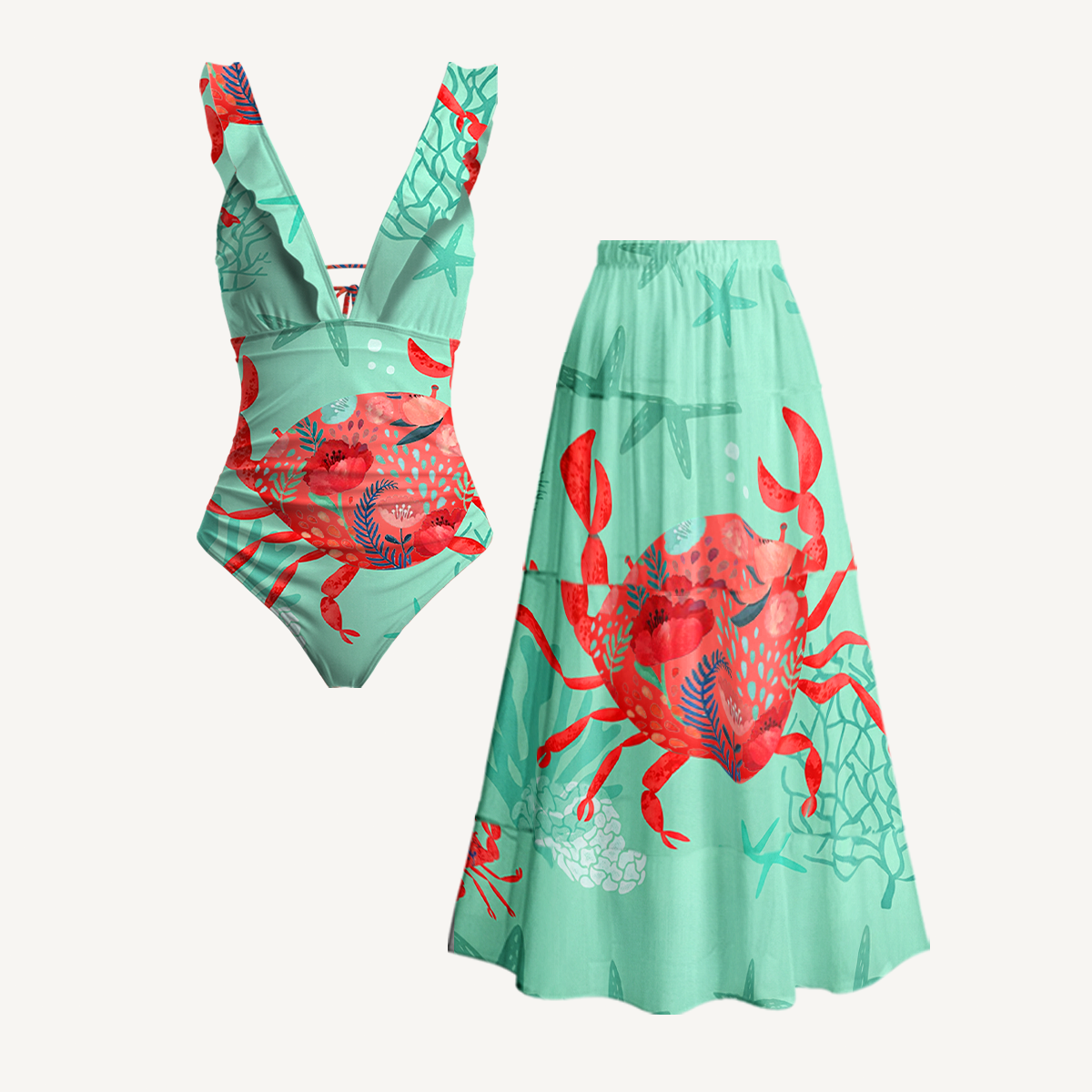 Floral Crab Ruffled V Neck One Piece Swimsuit and Matching Midi Skirt Set