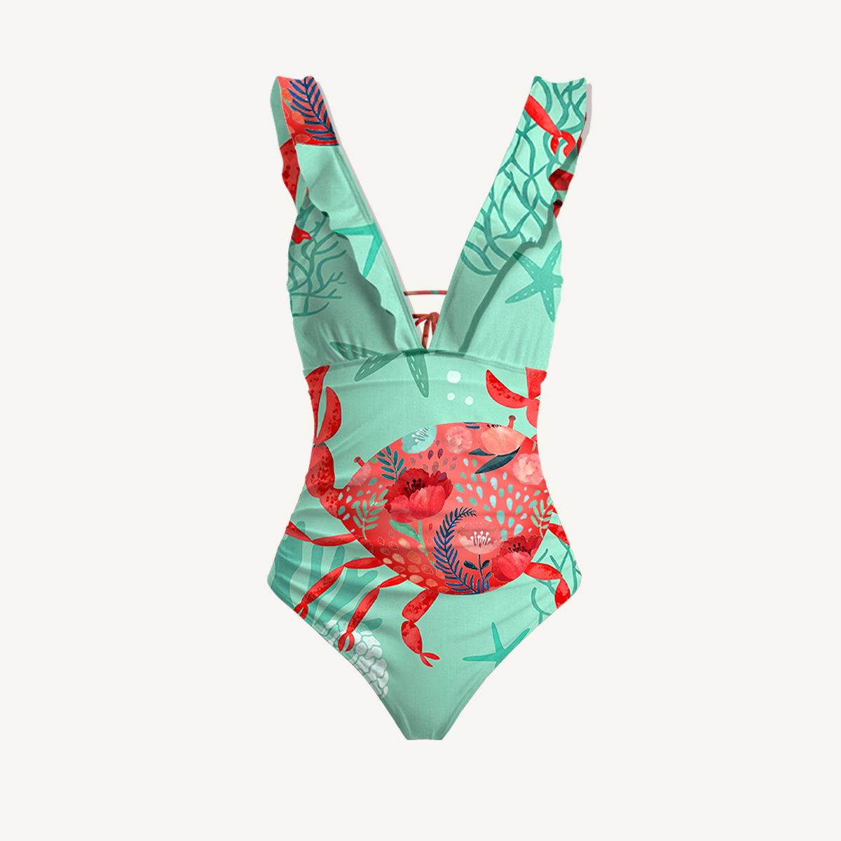 Floral Crab Ruffled V Neck One Piece Swimsuit and Matching Midi Skirt Set