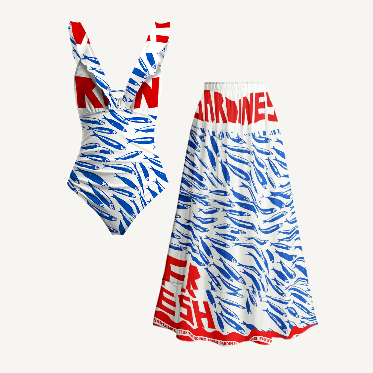 Blue Sardine & Fresh Ruffled V Neck One Piece Swimsuit and Matching Midi Skirt Set