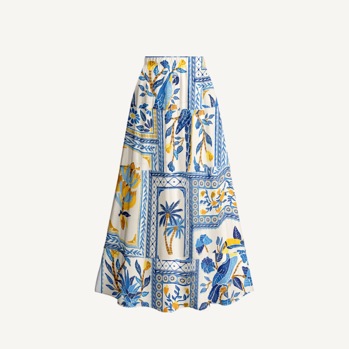 Blue Tropical Tile Ruffled V Neck One Piece Swimsuit and Matching Midi Skirt Set