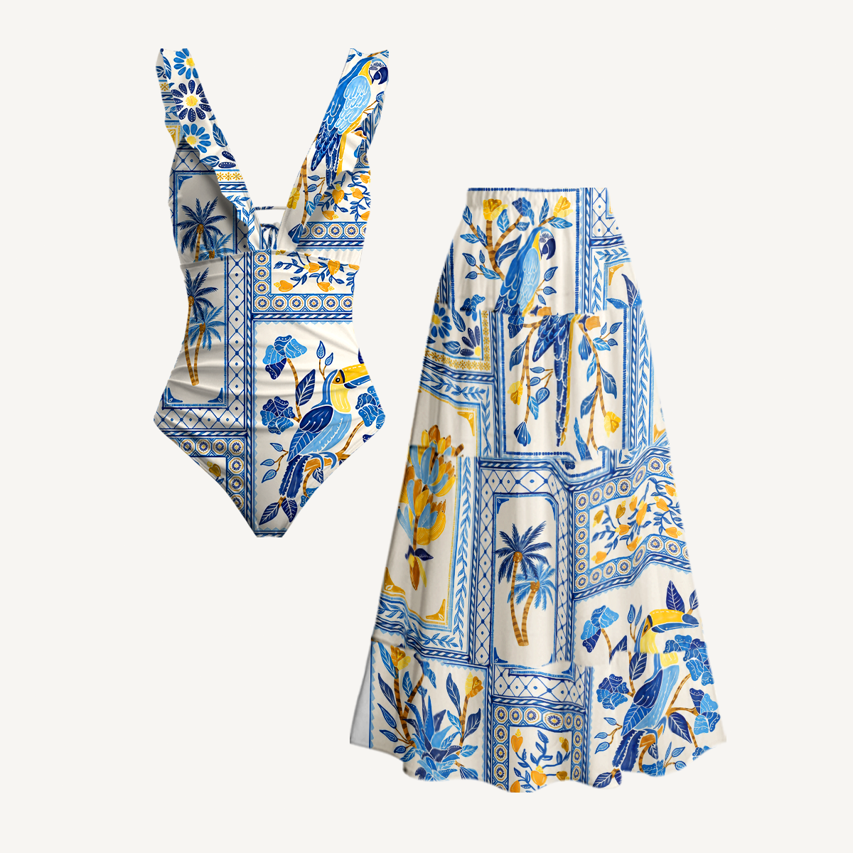 Blue Tropical Tile Ruffled V Neck One Piece Swimsuit and Matching Midi Skirt Set