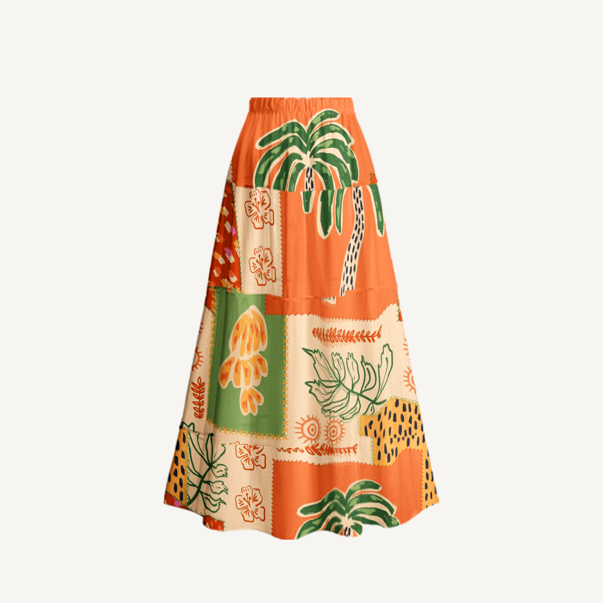 Boho Palm & Hibiscus Print Ruffled V Neck One Piece Swimsuit and Matching Midi Skirt Set