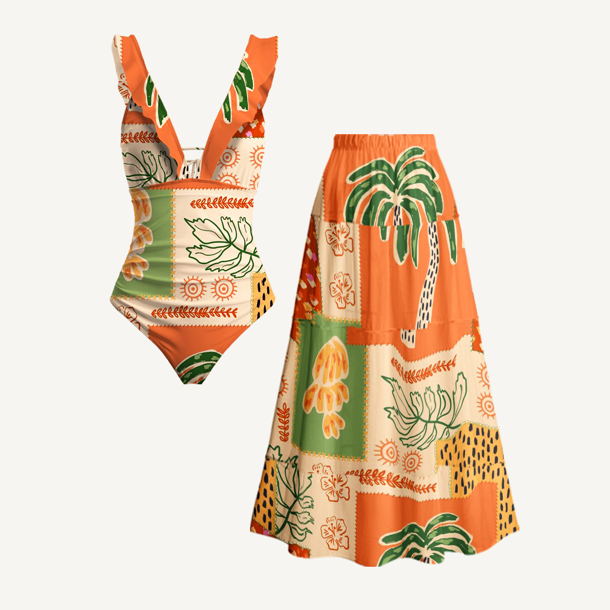 Boho Palm & Hibiscus Print Ruffled V Neck One Piece Swimsuit and Matching Midi Skirt Set