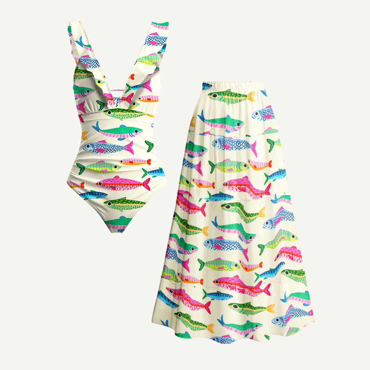 Bright Sardine Ruffled V Neck One Piece Swimsuit and Matching Midi Skirt Set