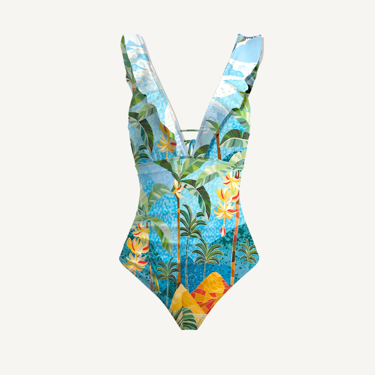 Rainforest Palm Tree Ruffled V Neck One Piece Swimsuit and Matching Midi Skirt Set