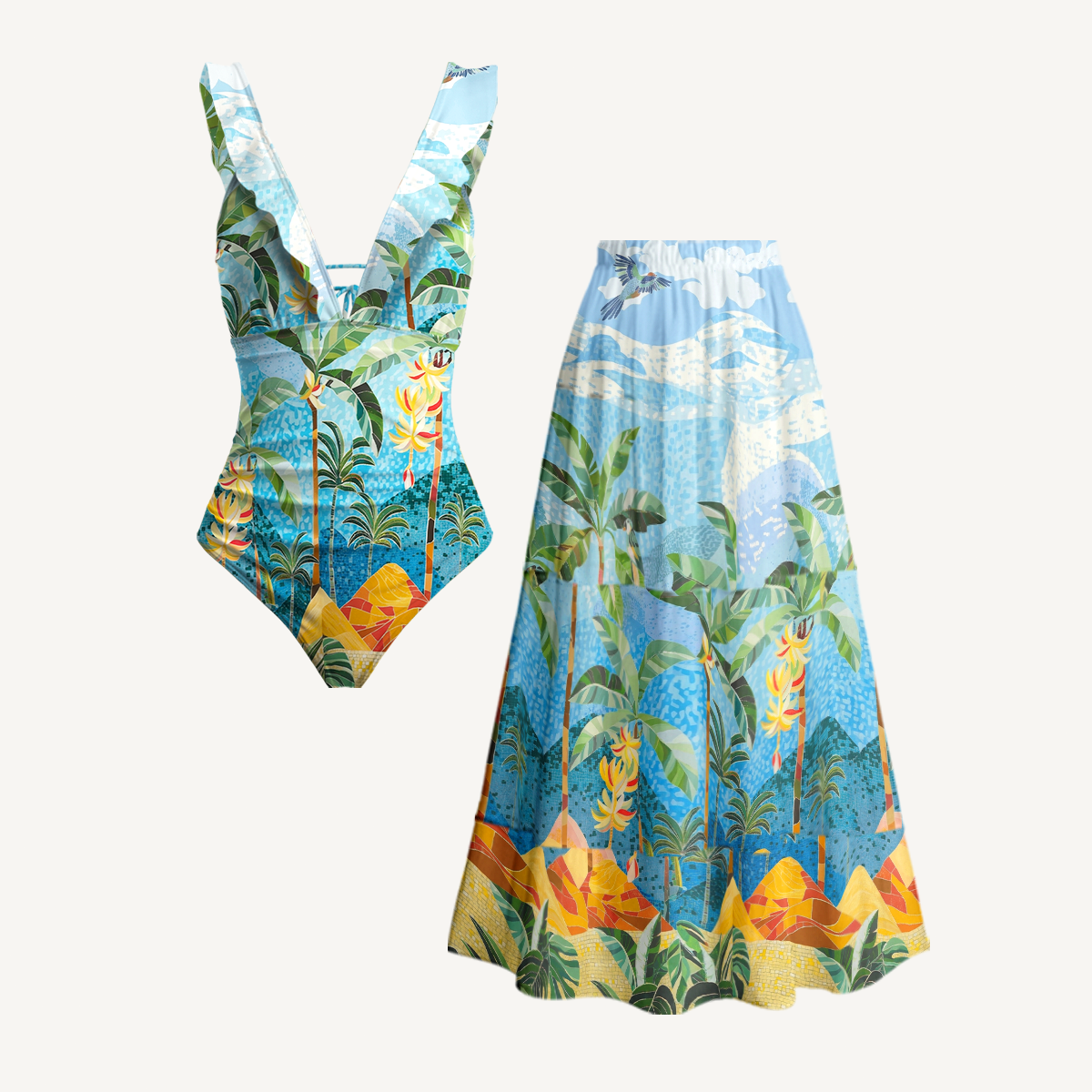 Rainforest Palm Tree Ruffled V Neck One Piece Swimsuit and Matching Midi Skirt Set