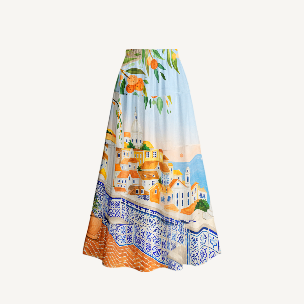Lisbon Cityscape Ruffled V Neck One Piece Swimsuit and Matching Midi Skirt Set