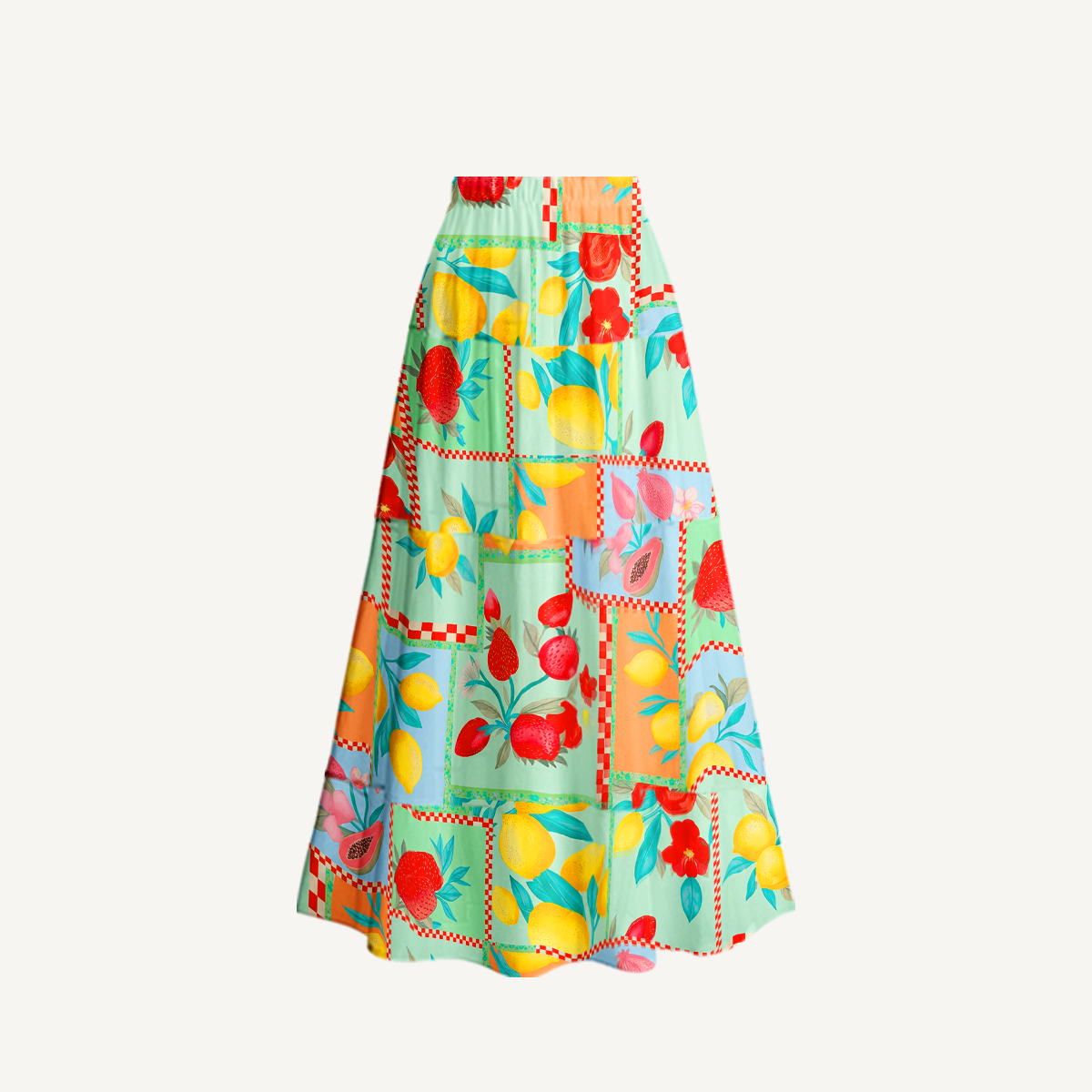 Fruit Party Vacation Ruffled V Neck One Piece Swimsuit and Matching Midi Skirt Set