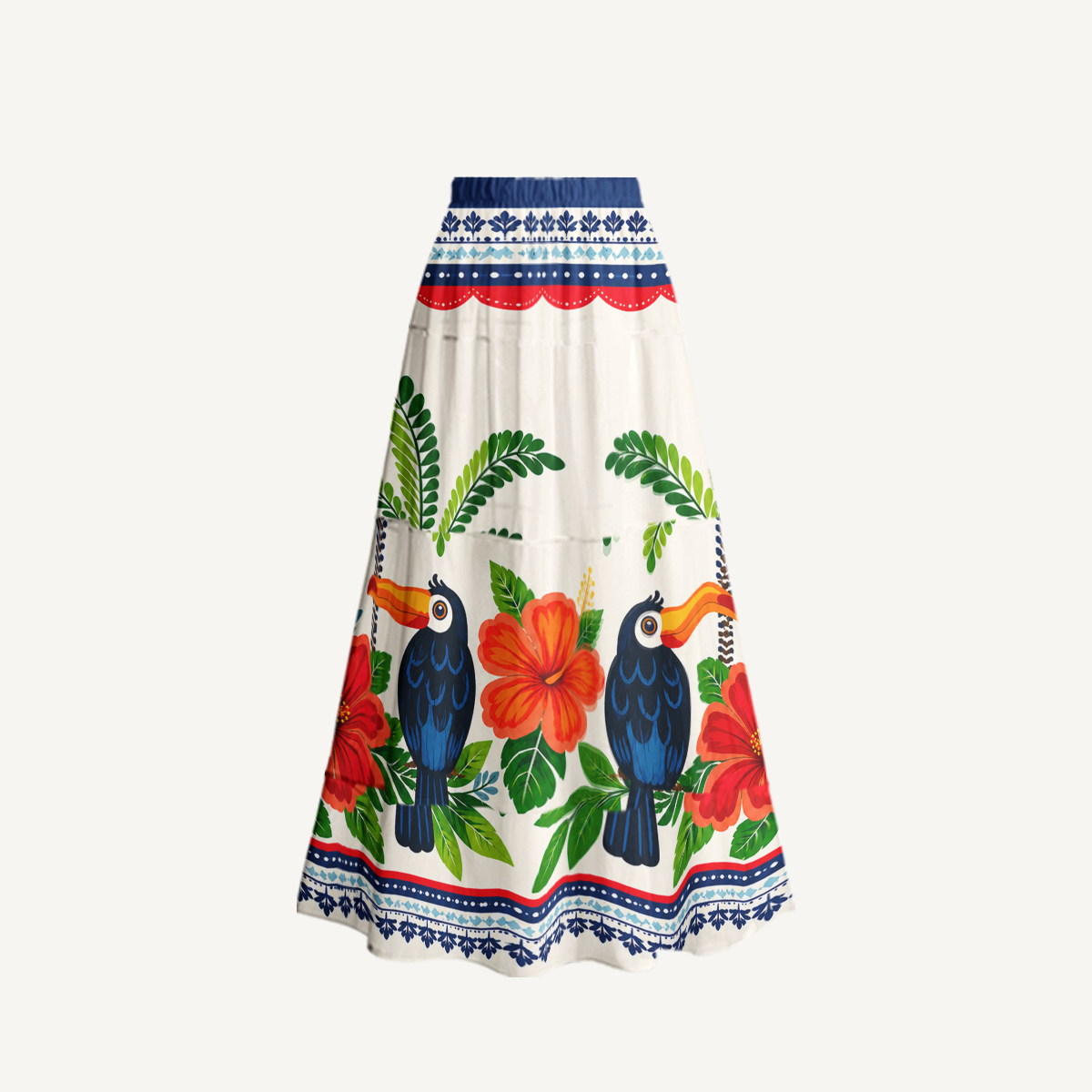 Vibrant Tropical Toucan Ruffled V Neck One Piece Swimsuit and Matching Midi Skirt Set
