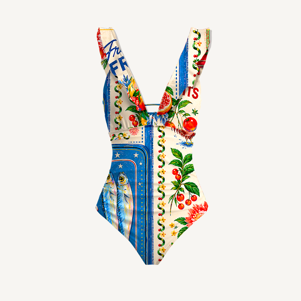 Fruits, Flowers & Fish Feast Ruffled V Neck One Piece Swimsuit and Matching Midi Skirt Set