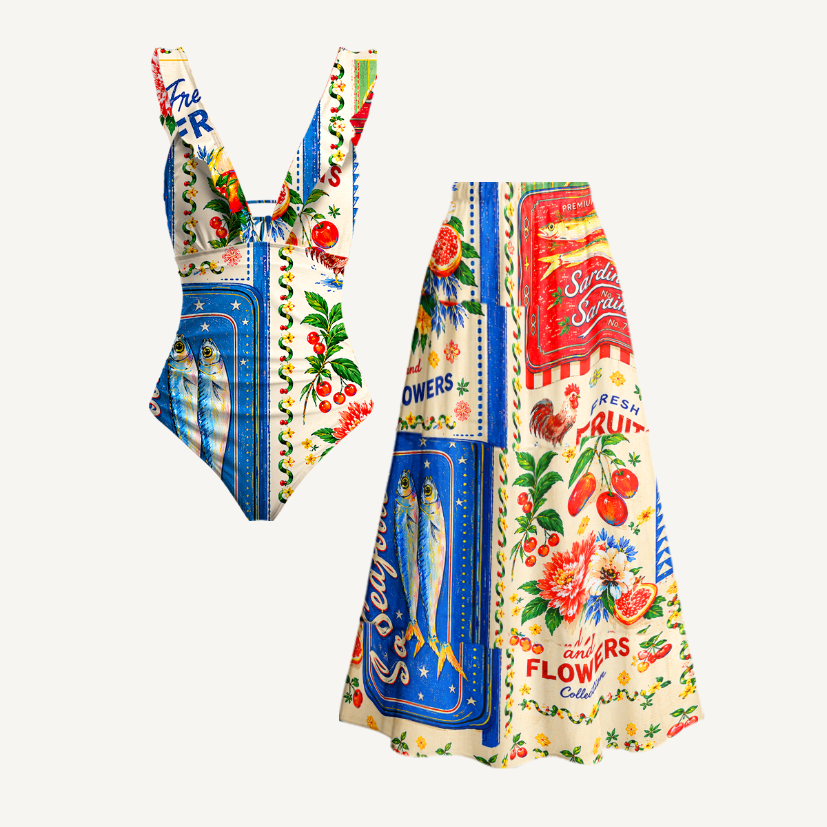 Fruits, Flowers & Fish Feast Ruffled V Neck One Piece Swimsuit and Matching Midi Skirt Set