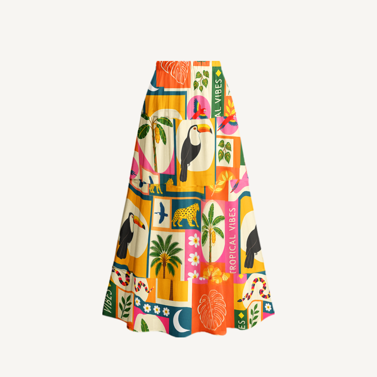 Tropical Patchwork Ruffled V Neck One Piece Swimsuit and Matching Midi Skirt Set