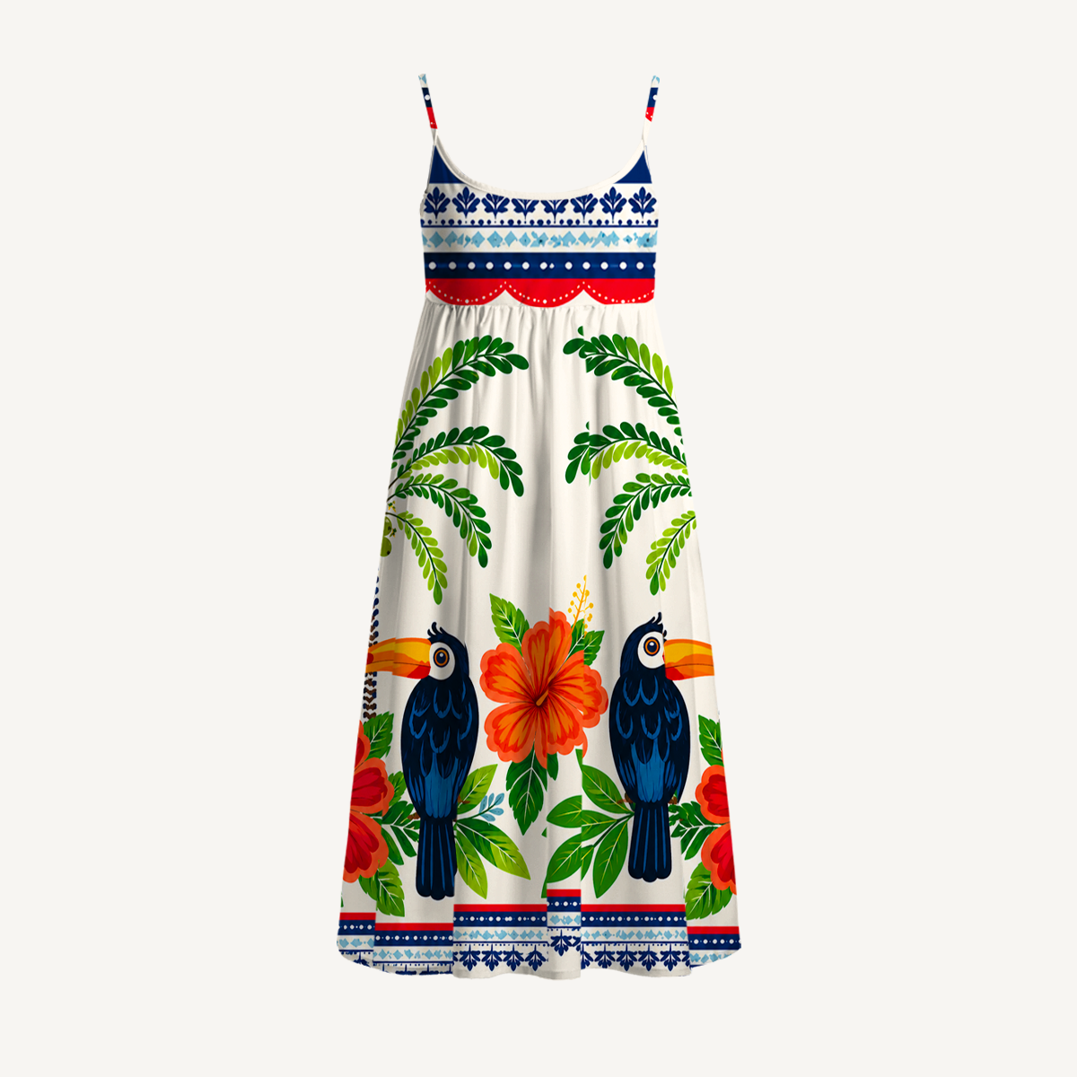 Vibrant Tropical Toucan Print Spaghetti Strap Mini Dress