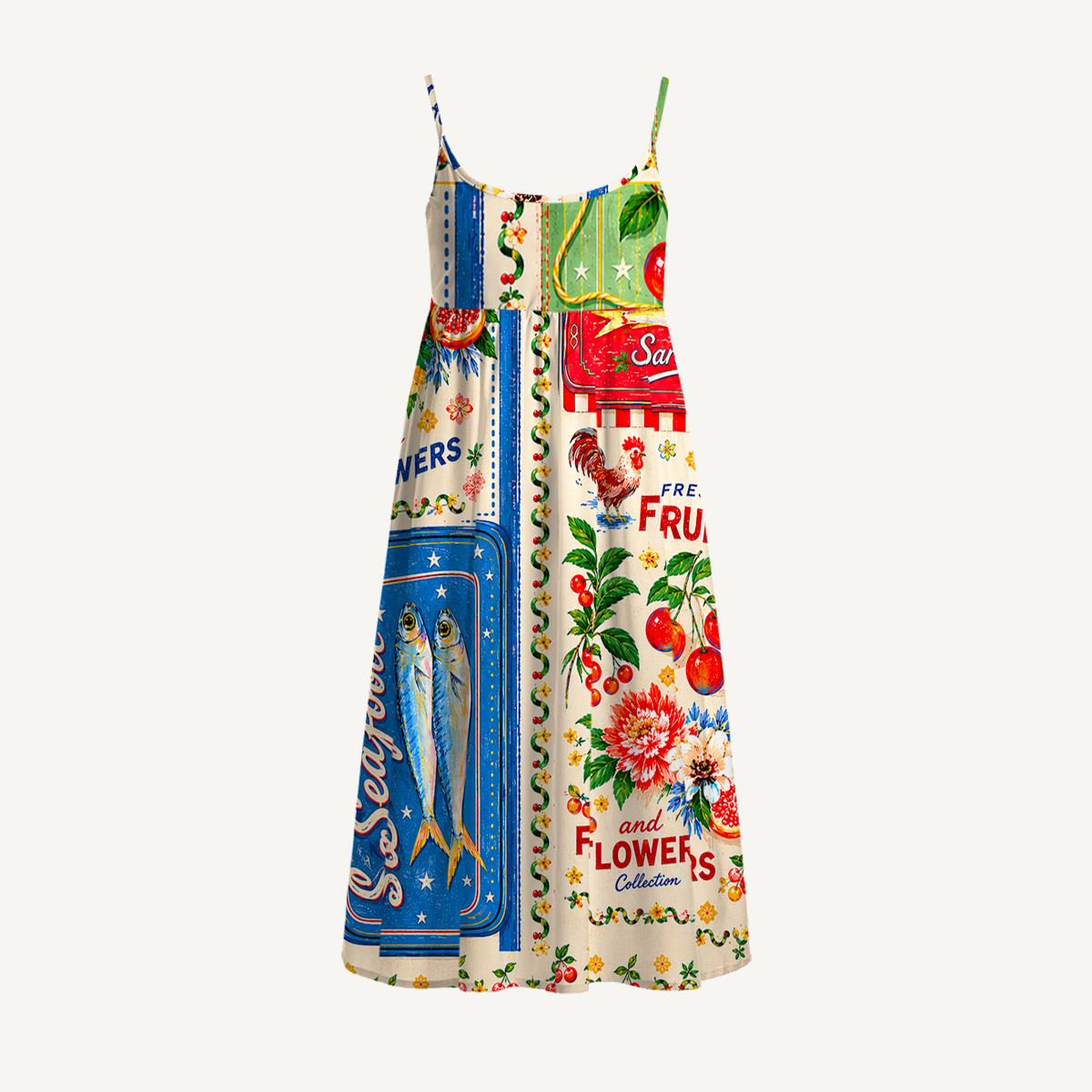 Fruits, Flowers & Fish Feast Print Spaghetti Strap Mini Dress