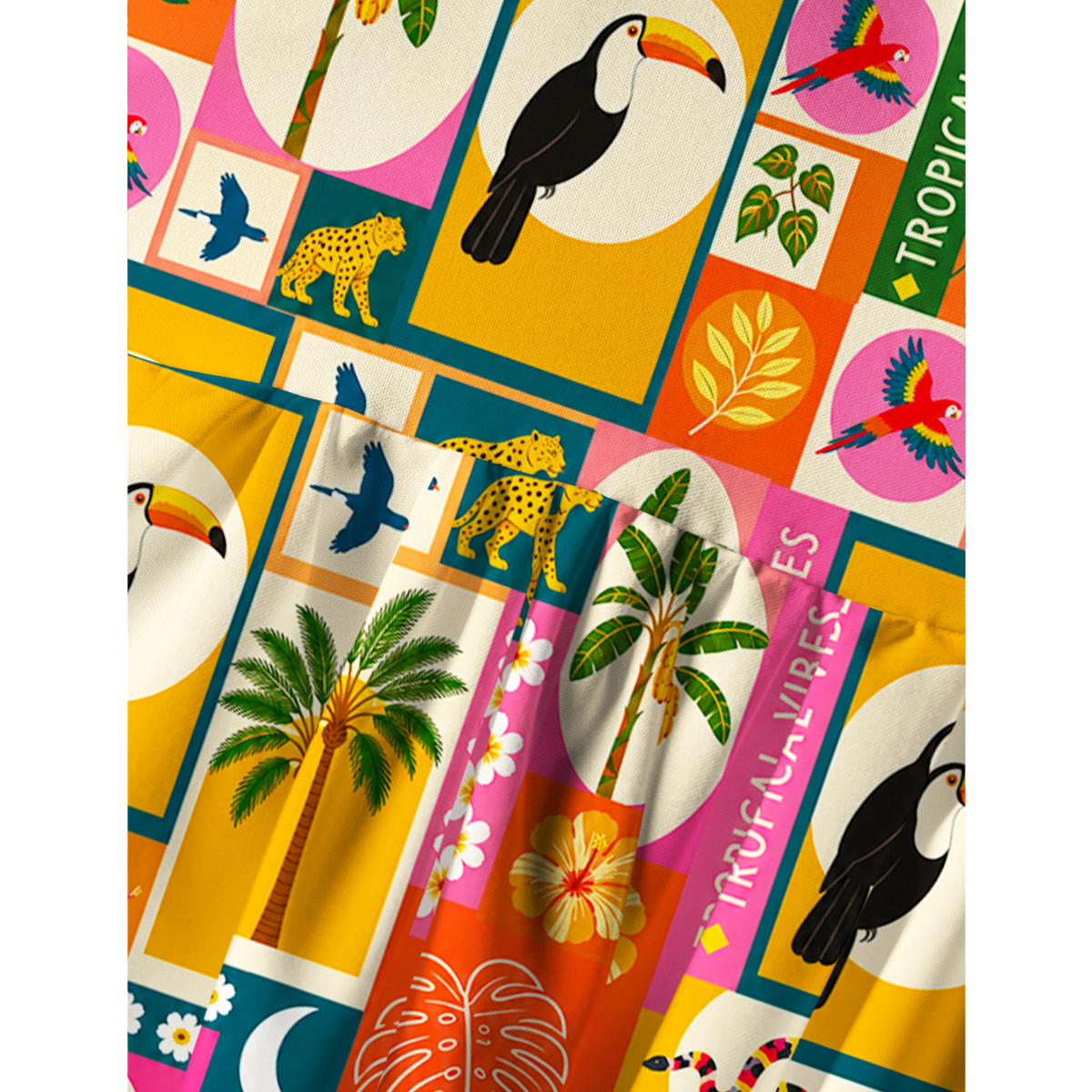 Tropical Patchwork Print Spaghetti Strap Mini Dress