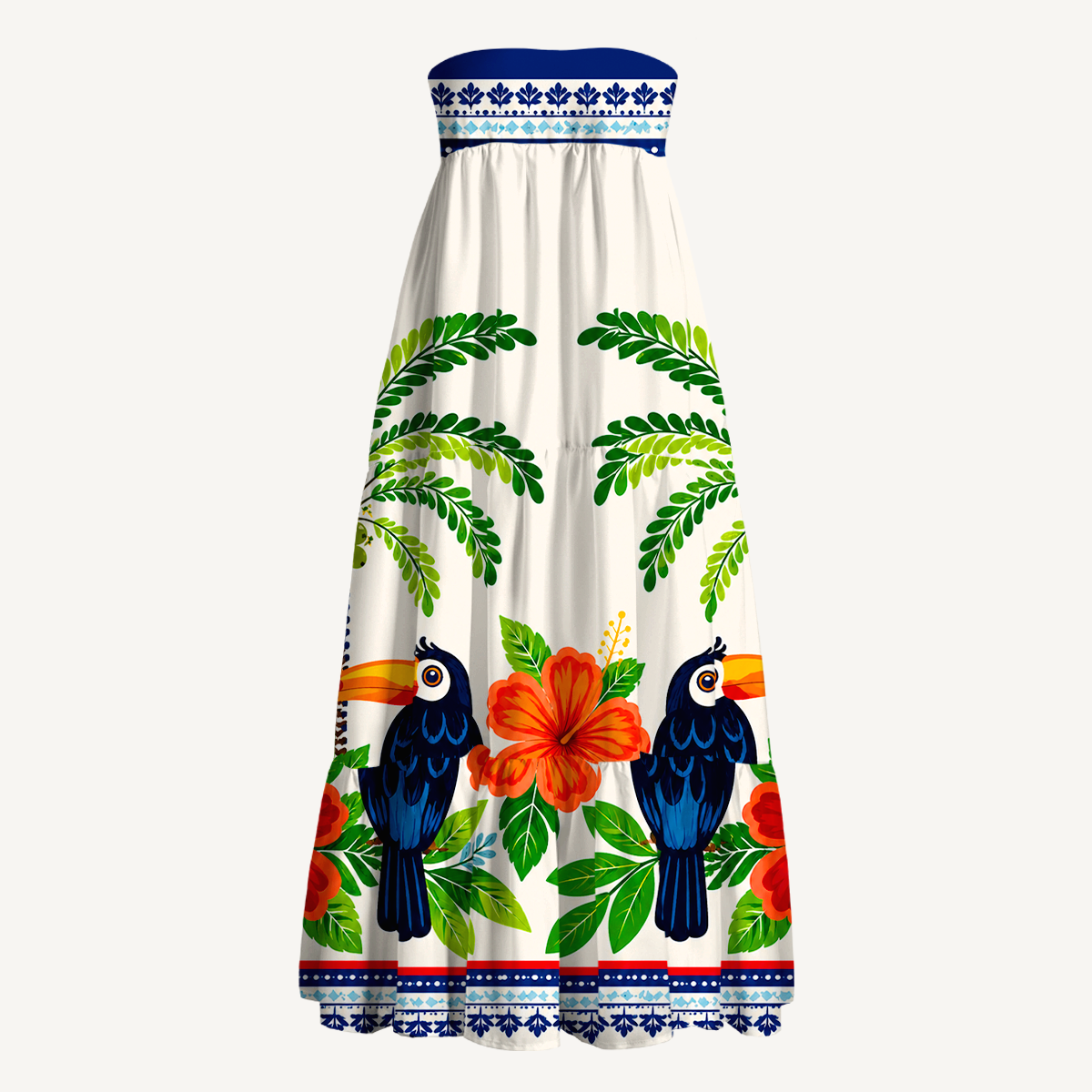 Vibrant Tropical Toucan Maxi Skirt & Strapless Dress  