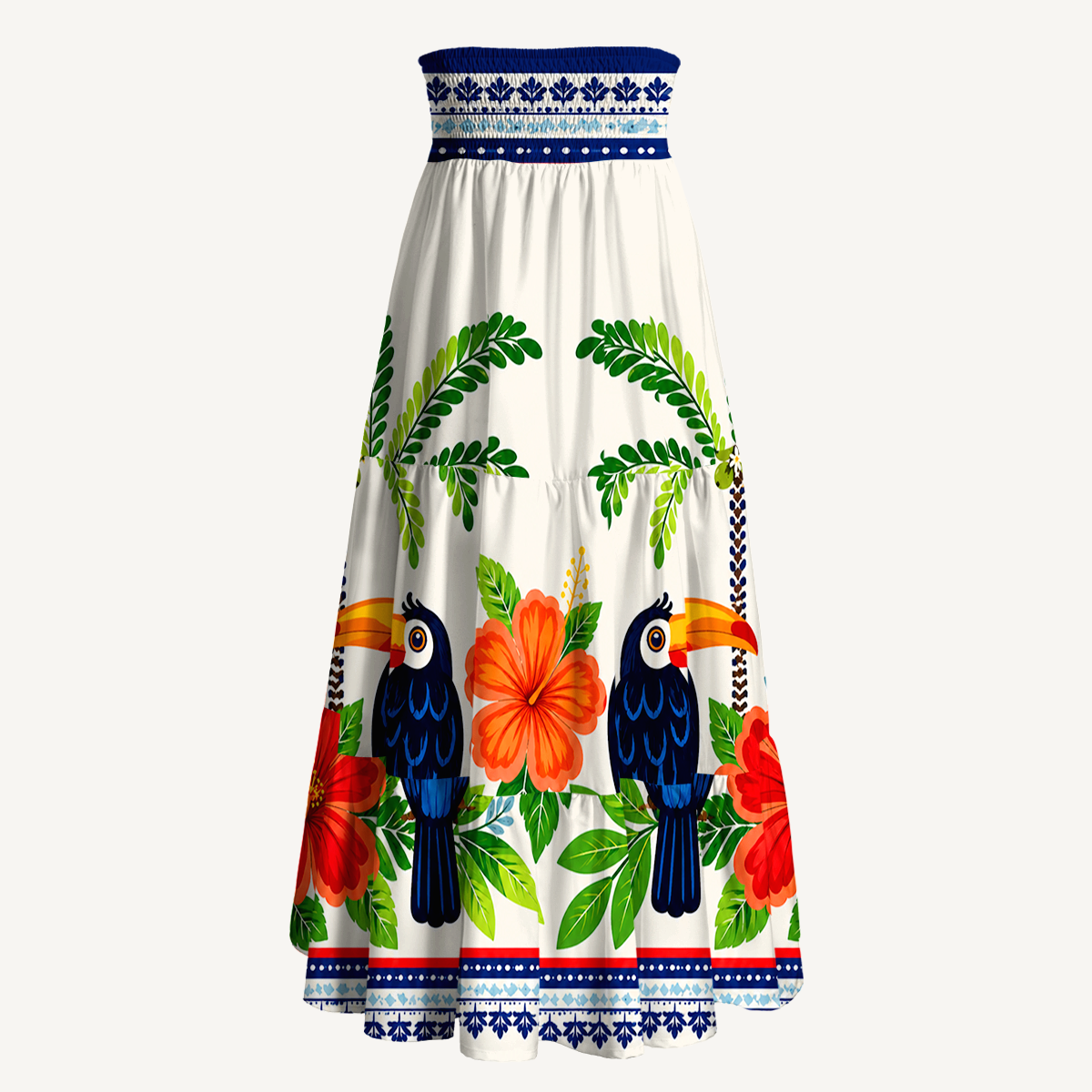 Vibrant Tropical Toucan Maxi Skirt & Strapless Dress  