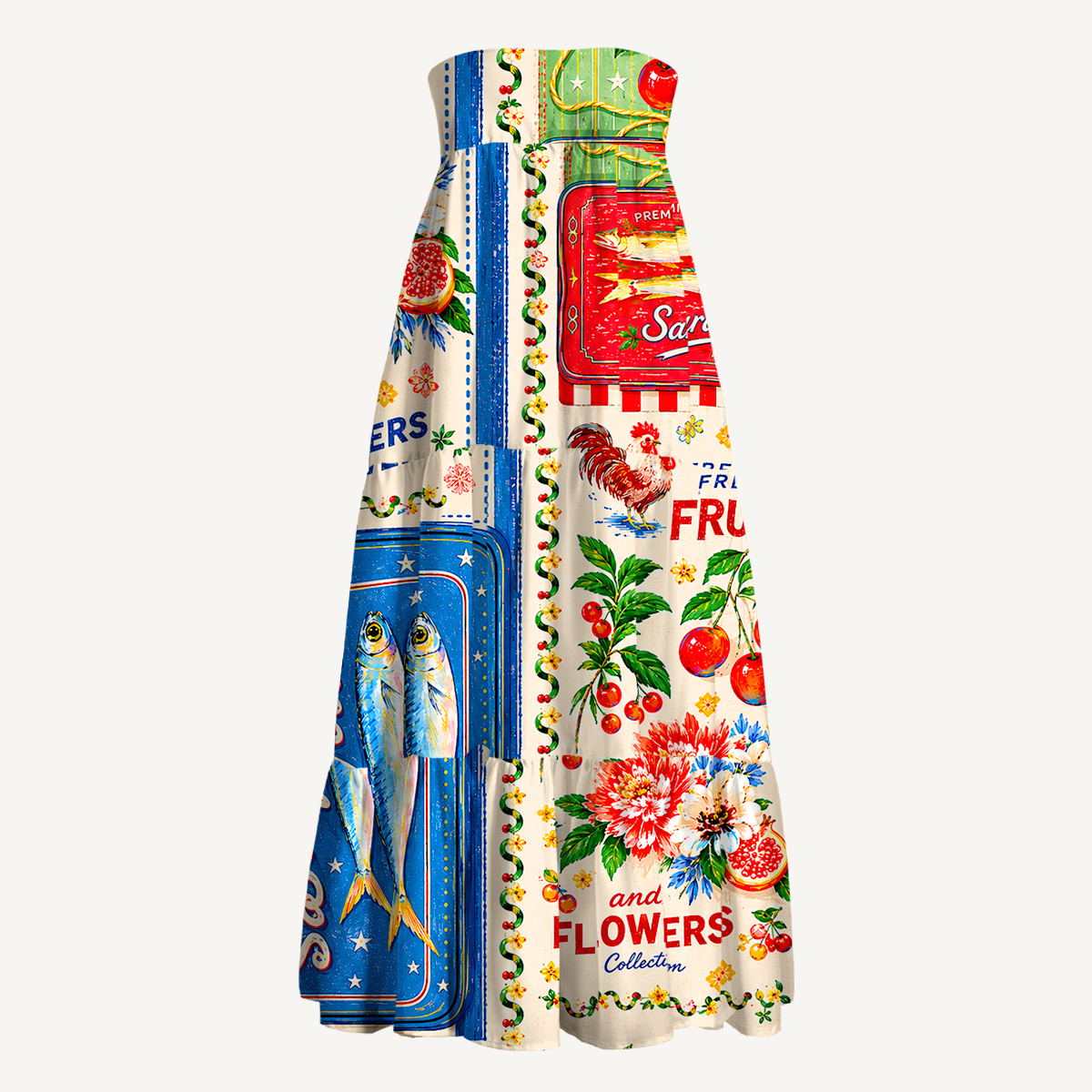 Fruits, Flowers & Fish Feast Print Maxi Skirt & Strapless Dress  