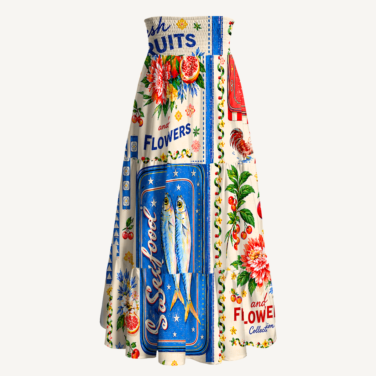 Fruits, Flowers & Fish Feast Print Maxi Skirt & Strapless Dress  