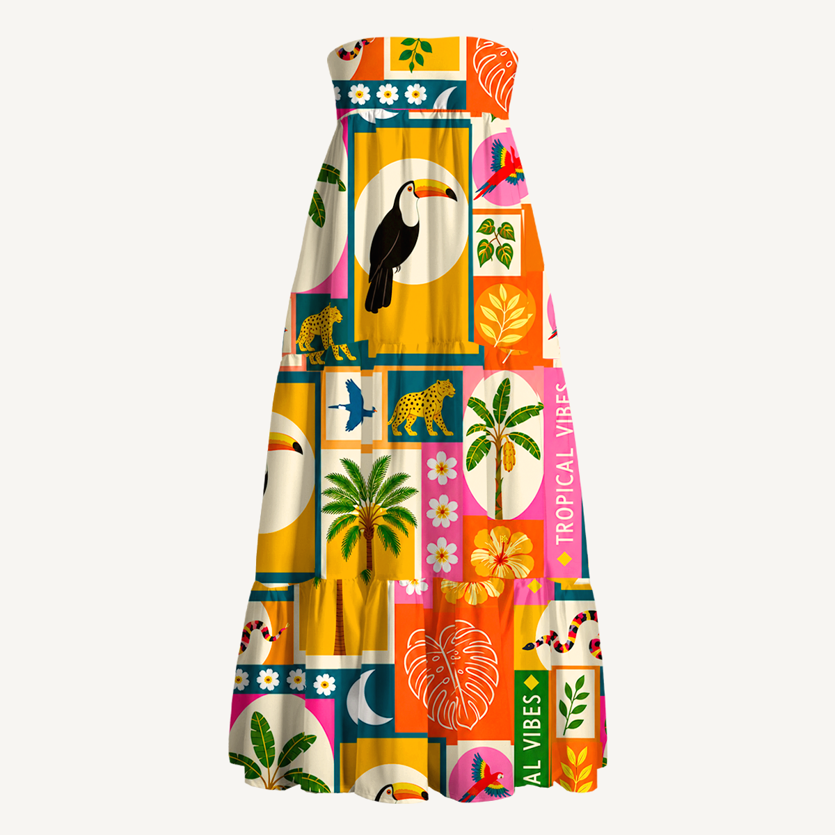 Tropical Patchwork Maxi Skirt & Strapless Dress  