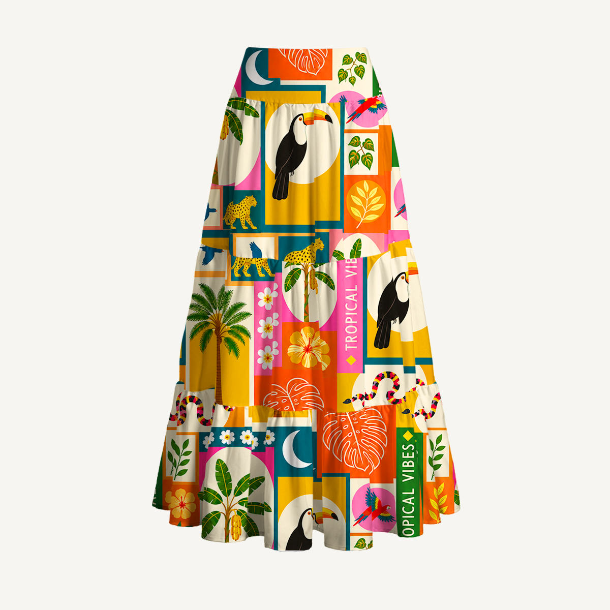 Tropical Patchwork Print Maxi Skirt & Strapless Dress  