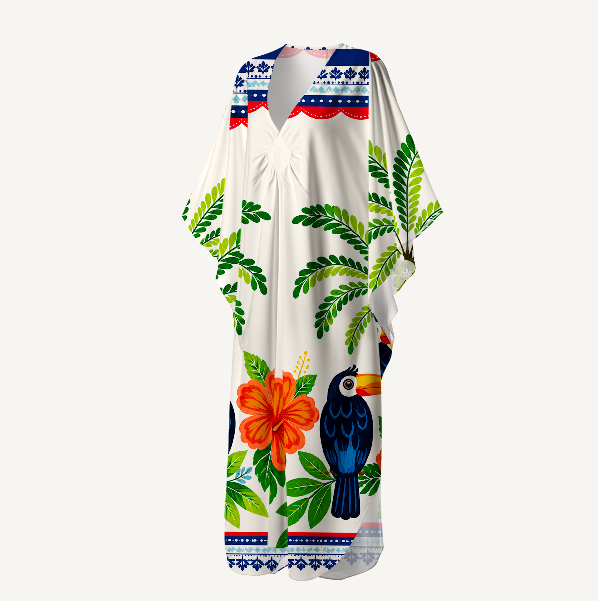 Vibrant Tropical Toucan Kimono Sleeve Kaftan Dress