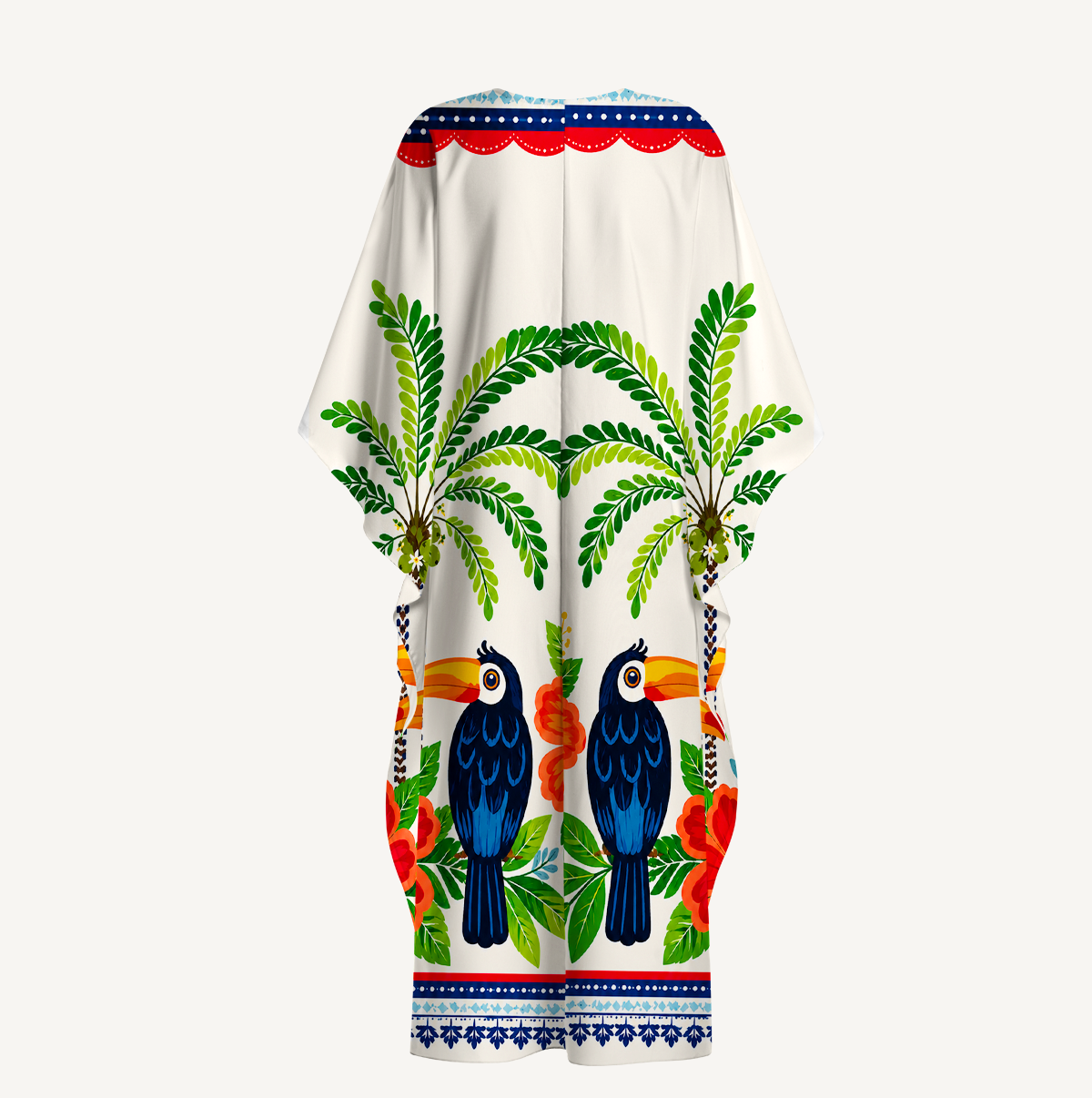 Vibrant Tropical Toucan Kimono Sleeve Kaftan Dress