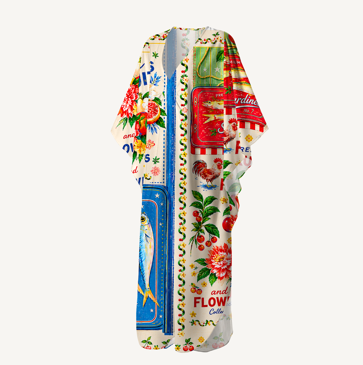 Fruits, Flowers & Fish Feast Kimono Sleeve Kaftan Dress