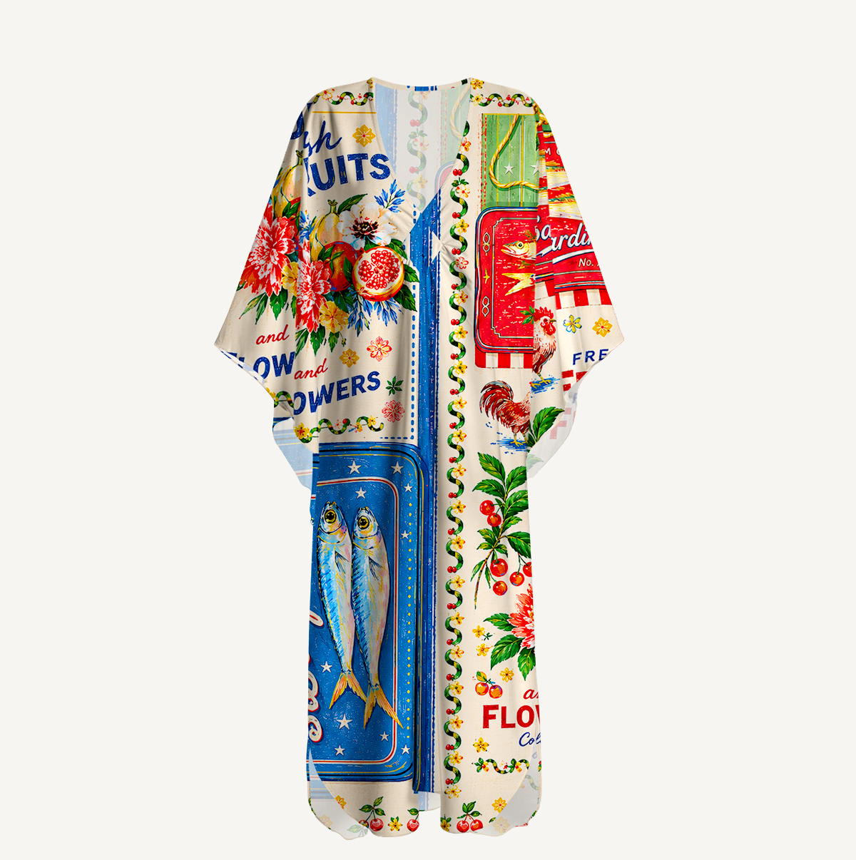 Fruits, Flowers & Fish Feast Kimono Sleeve Kaftan Dress