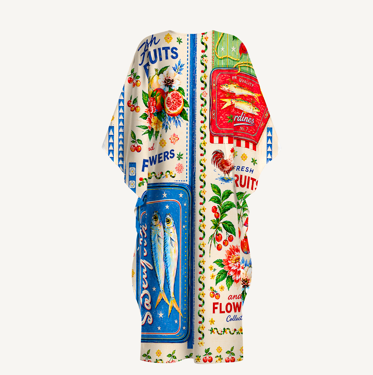 Fruits, Flowers & Fish Feast Kimono Sleeve Kaftan Dress