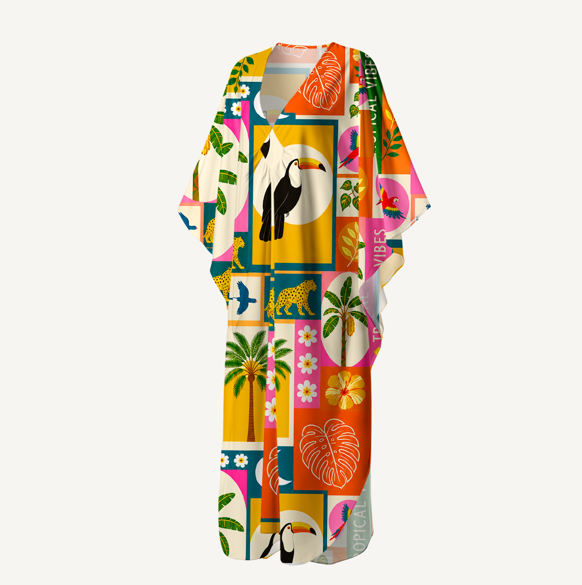 Tropical Patchwork Kimono Sleeve Kaftan Dress