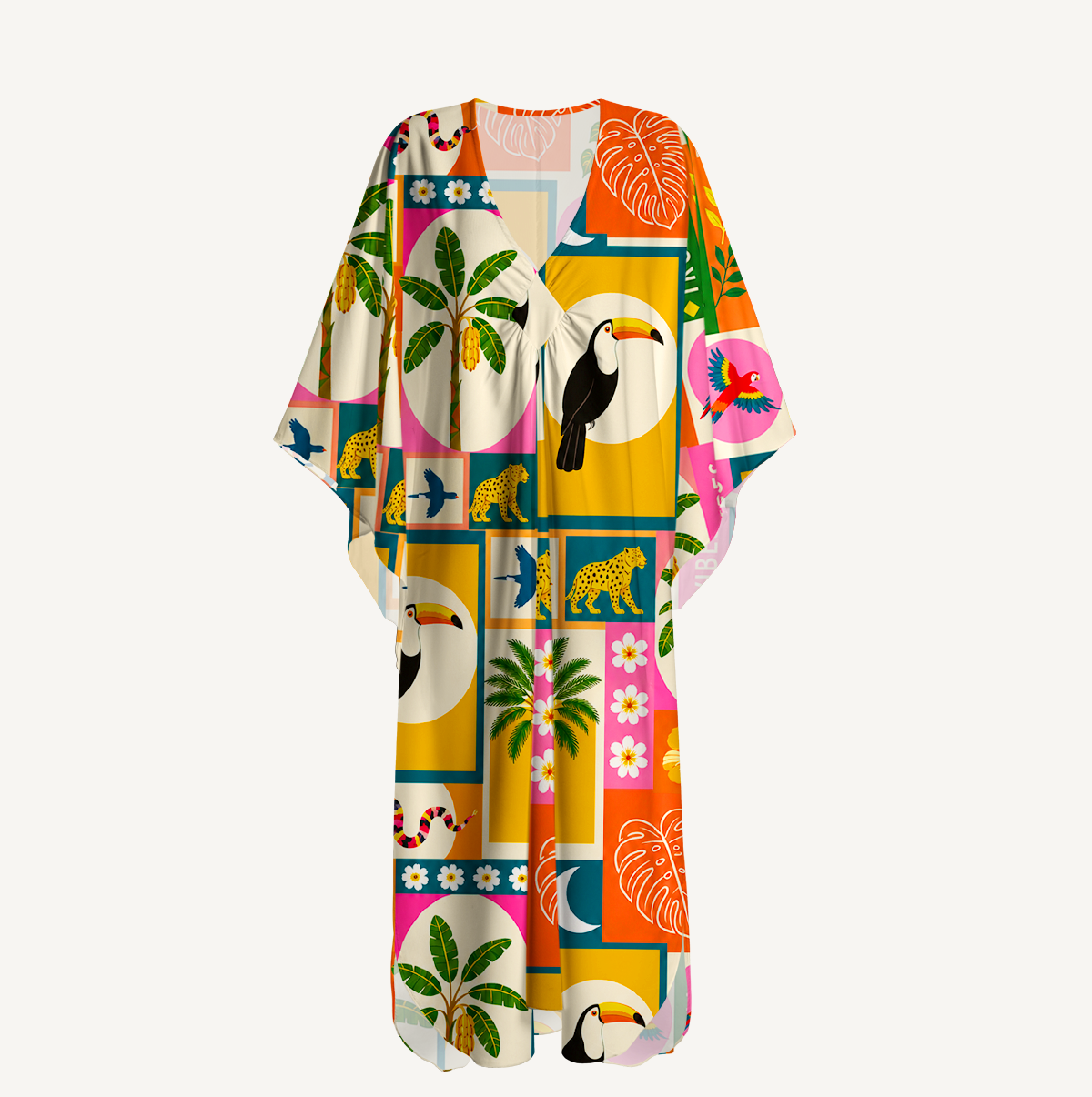 Tropical Patchwork Kimono Sleeve Kaftan Dress