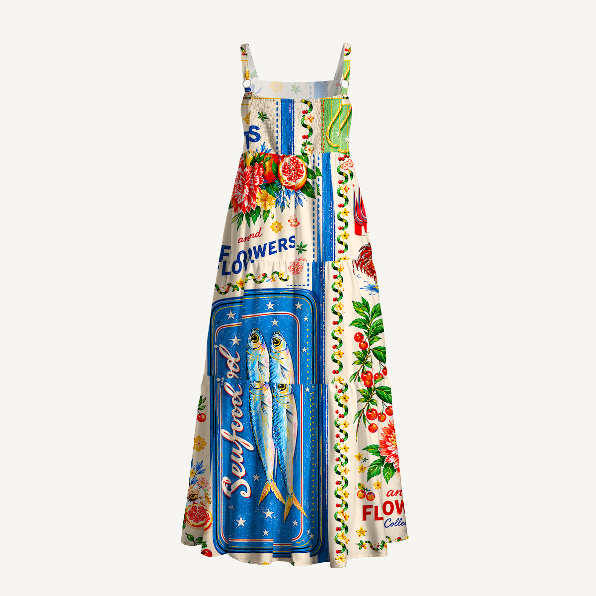 Fruits, Flowers & Fish Feast Wide Straps Maxi Dress With Pockets