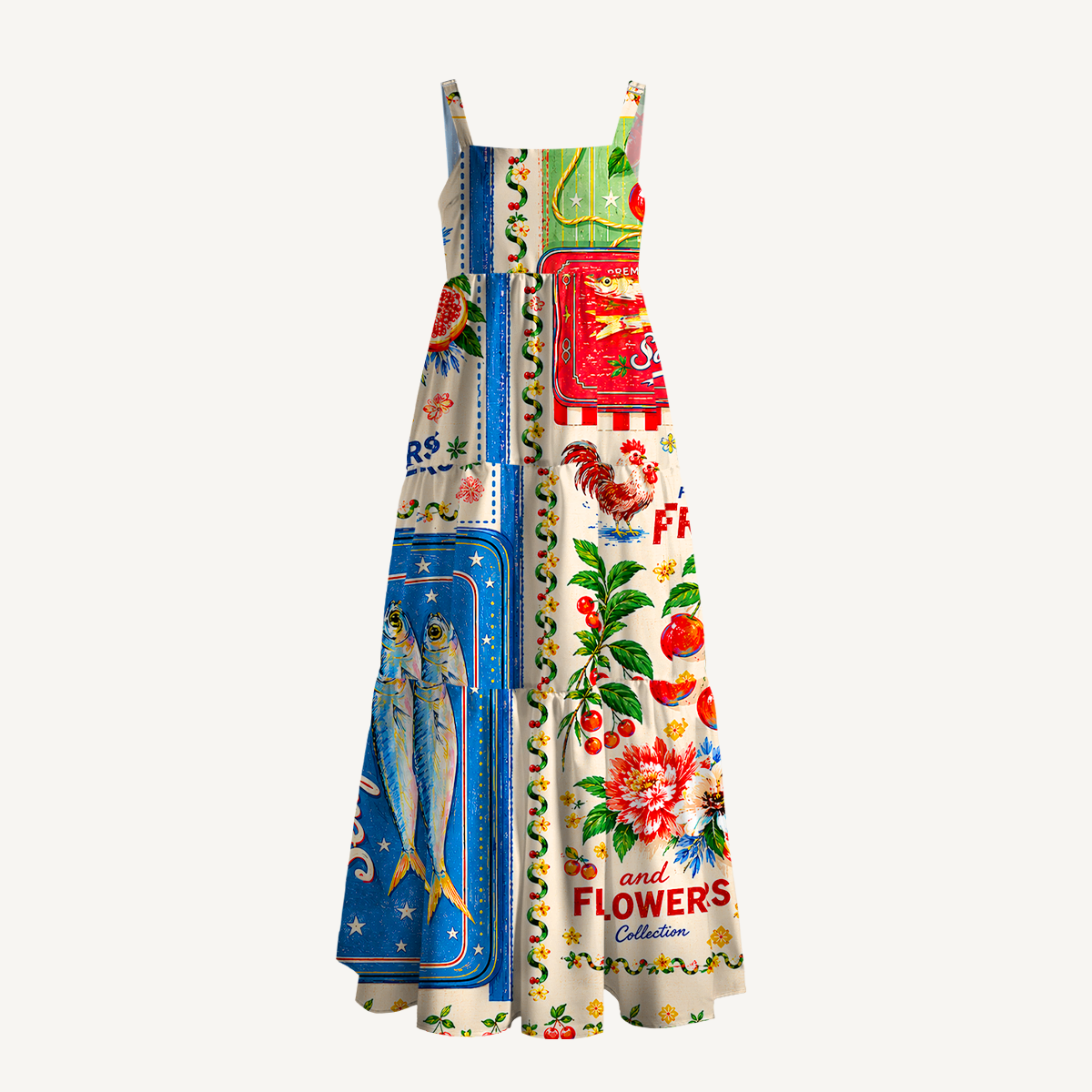 Fruits, Flowers & Fish Feast Wide Straps Maxi Dress With Pockets
