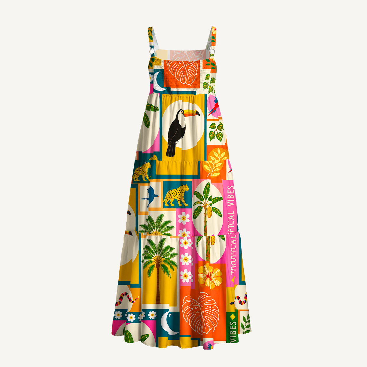 Tropical Patchwork Wide Straps Maxi Dress With Pockets