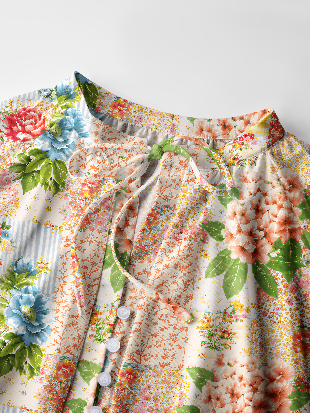 Vintage Cottage Garden Quilt Print Boho Long Sleeve Tie‑Neck Blouse