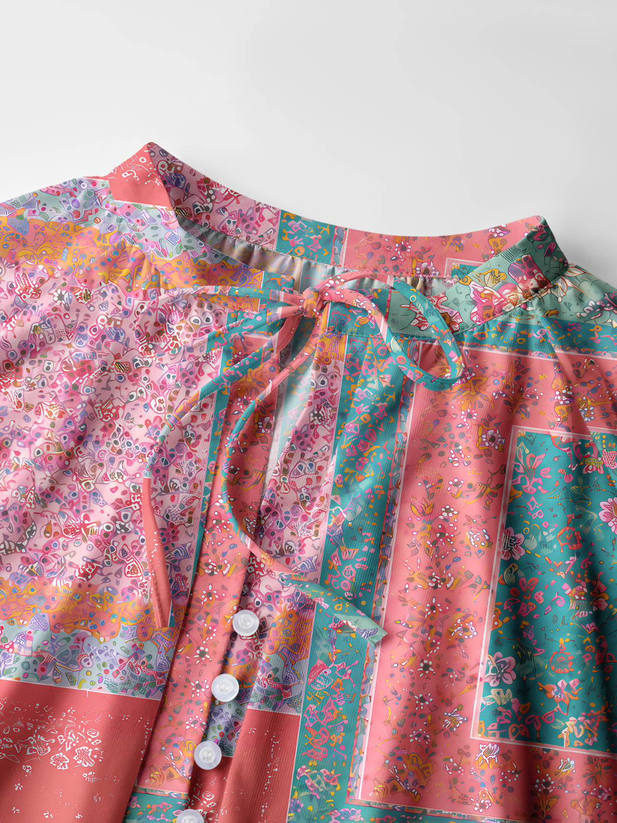 Coral Patchwork Garden Print Boho Long Sleeve Tie‑Neck Blouse