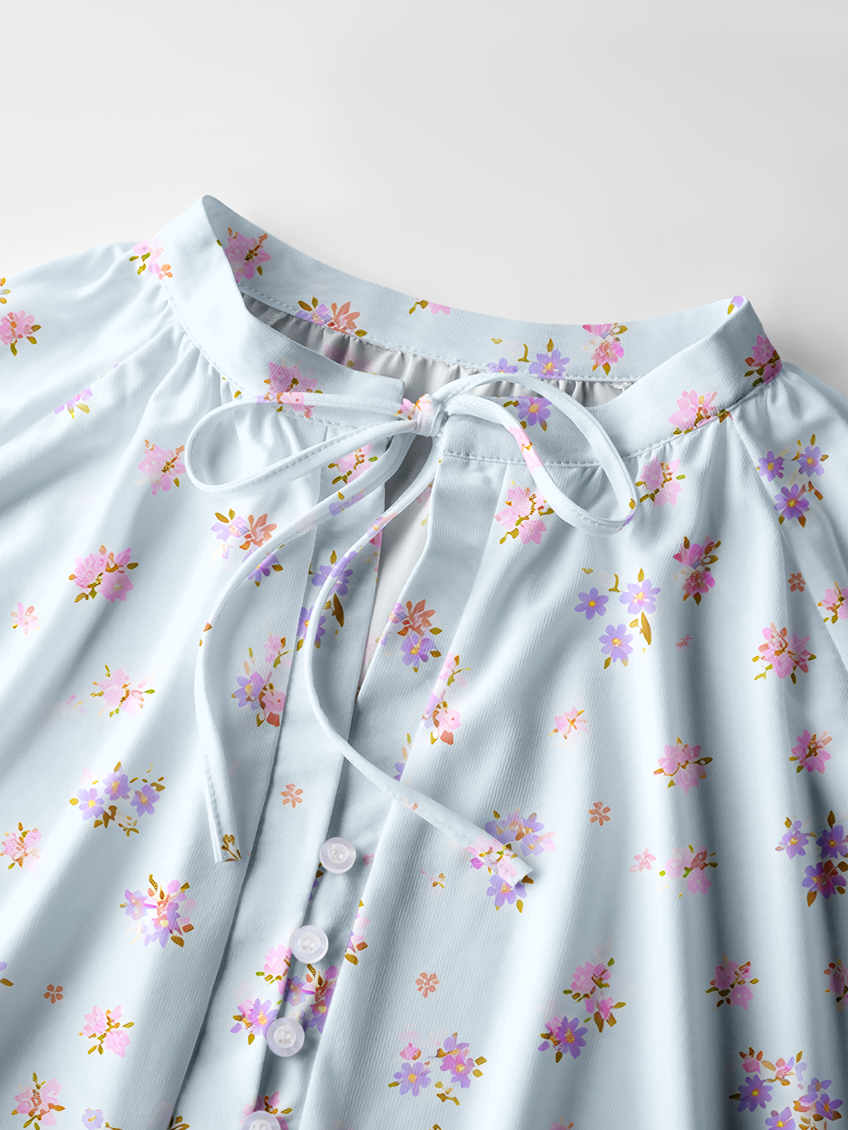 Pink Petal Cascade Pattern Boho Long Sleeve Tie‑Neck Blouse