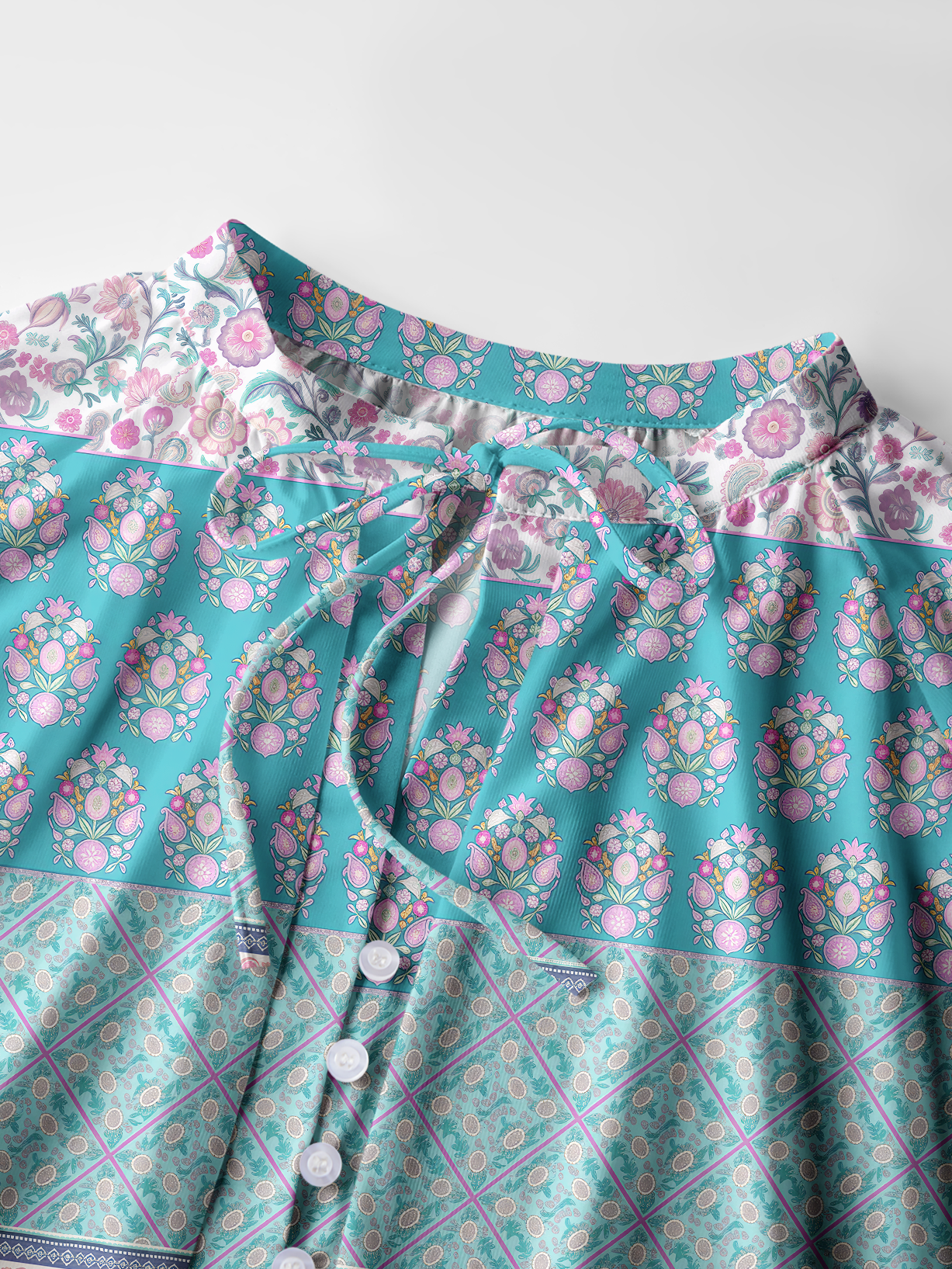 Pink Rose and Geometric Border Pattern Boho Long Sleeve Tie‑Neck Blouse