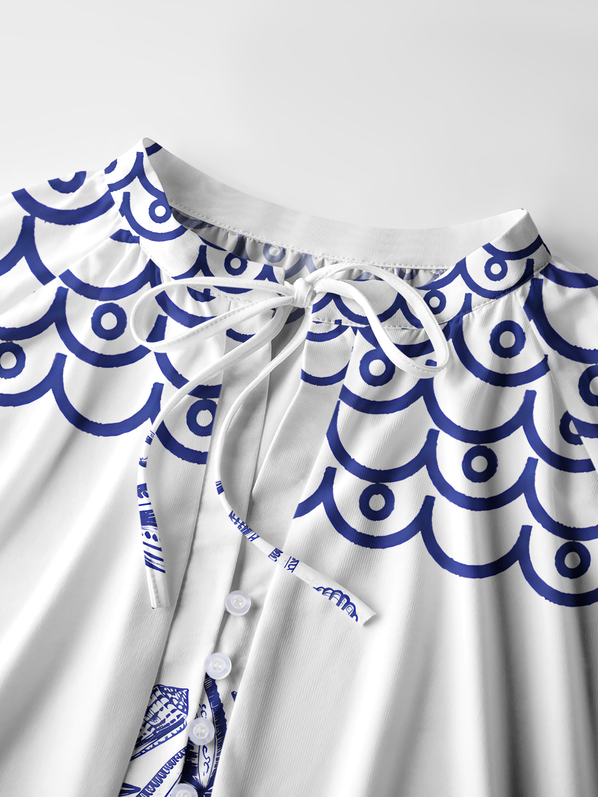 Coastal Nautical Starfish Pattern Boho Long Sleeve Tie‑Neck Blouse