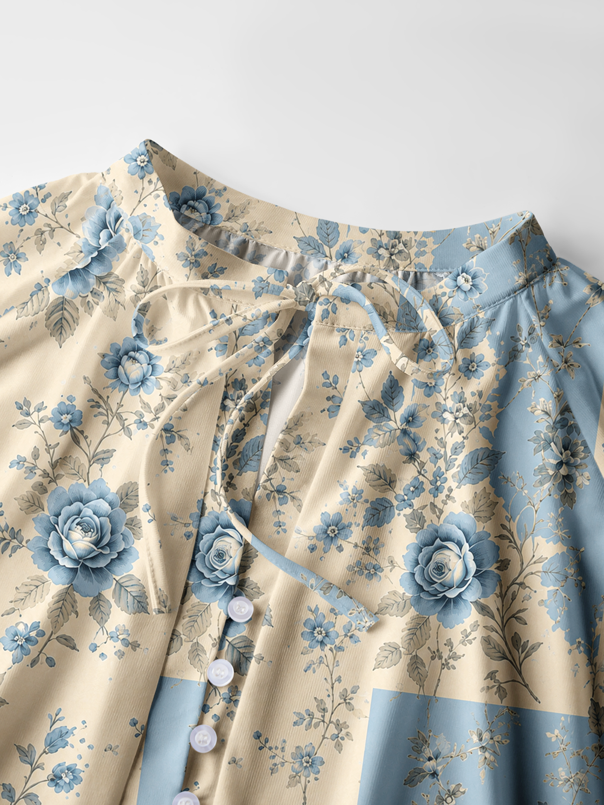 Blue Porcelain Rose Garden Boho Long Sleeve Tie‑Neck Blouse