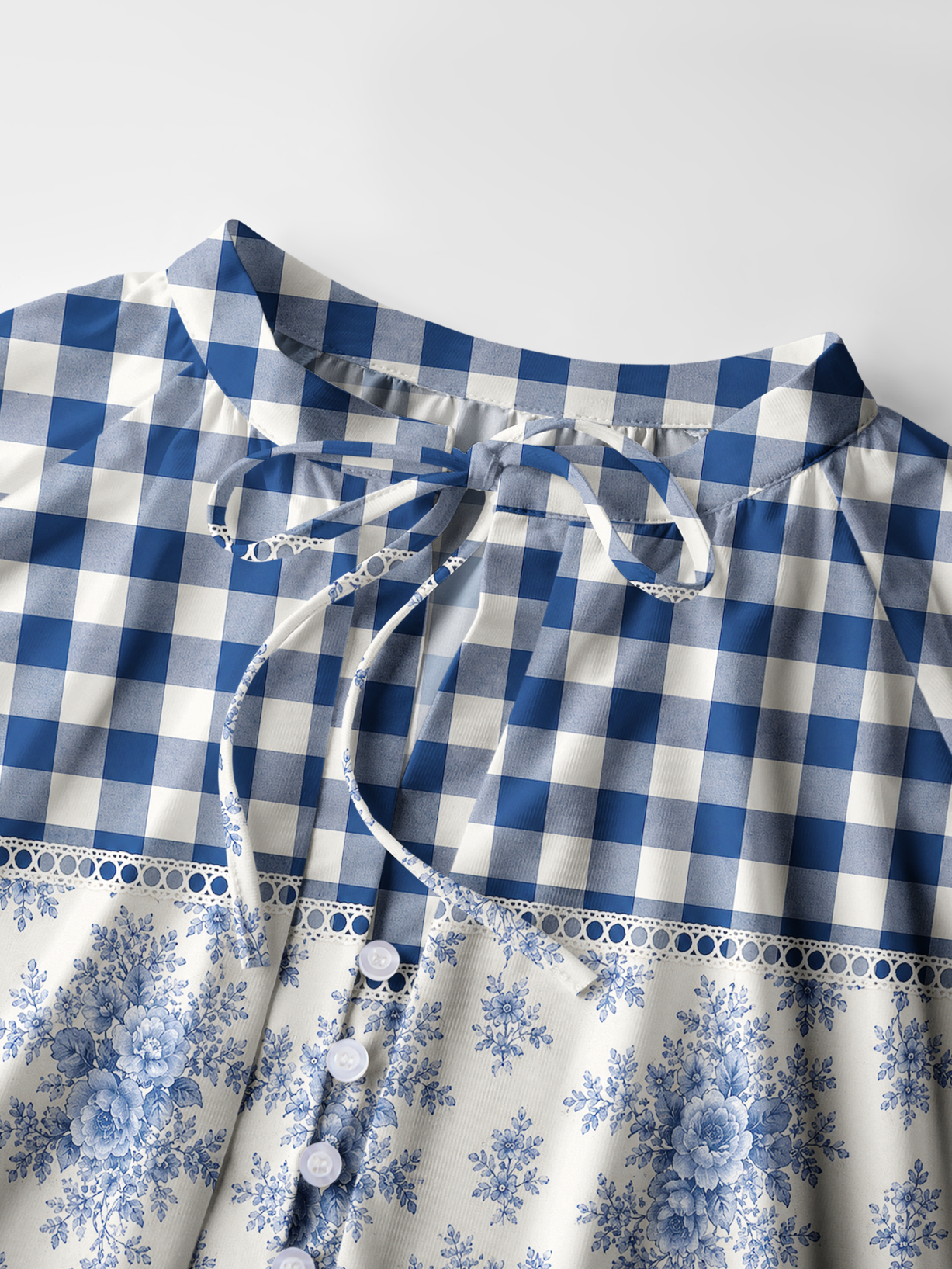 Blue Gingham Rose Toile Boho Long Sleeve Tie‑Neck Blouse