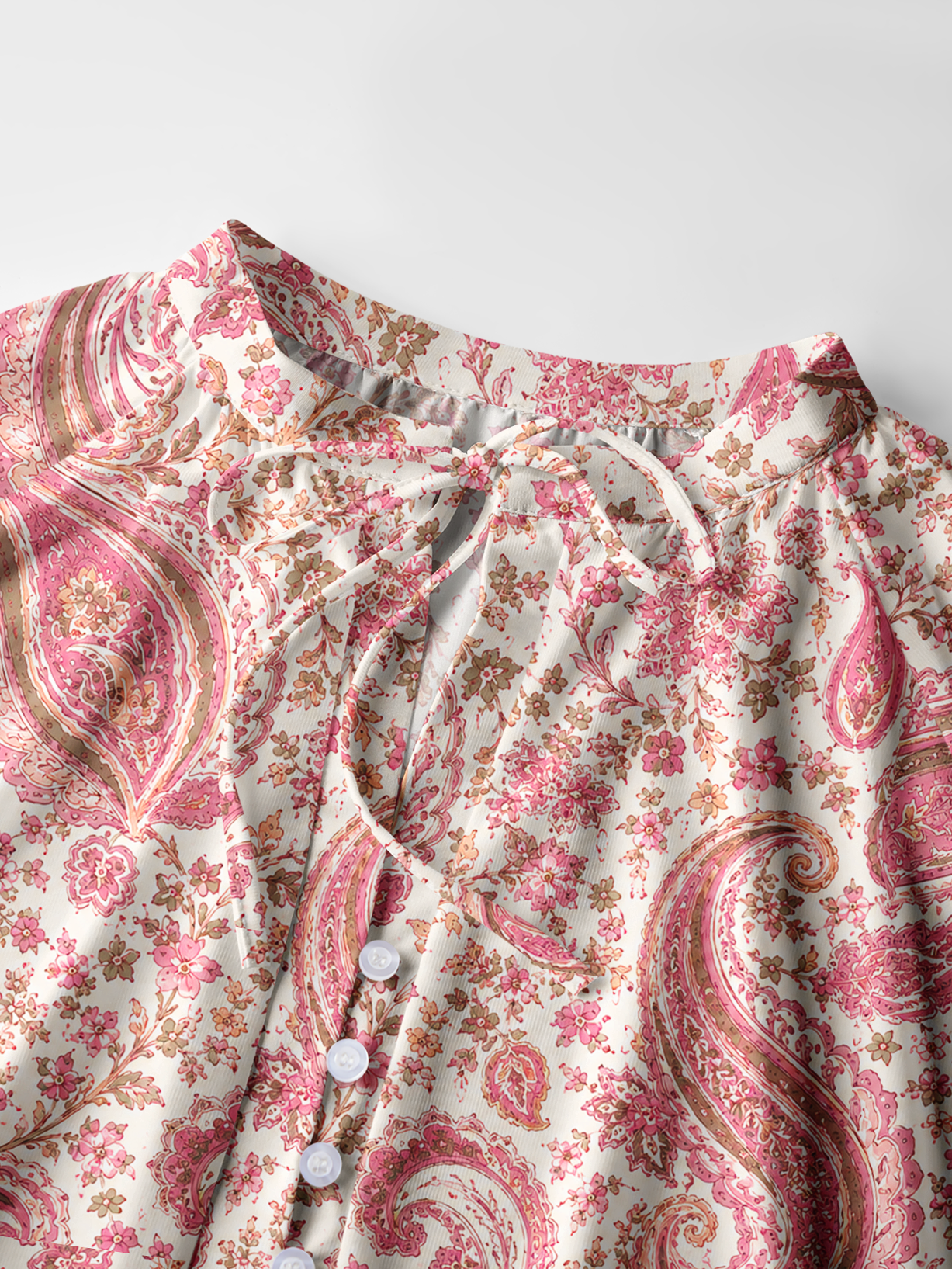 Blossom Pink Paisley Boho Long Sleeve Tie‑Neck Blouse