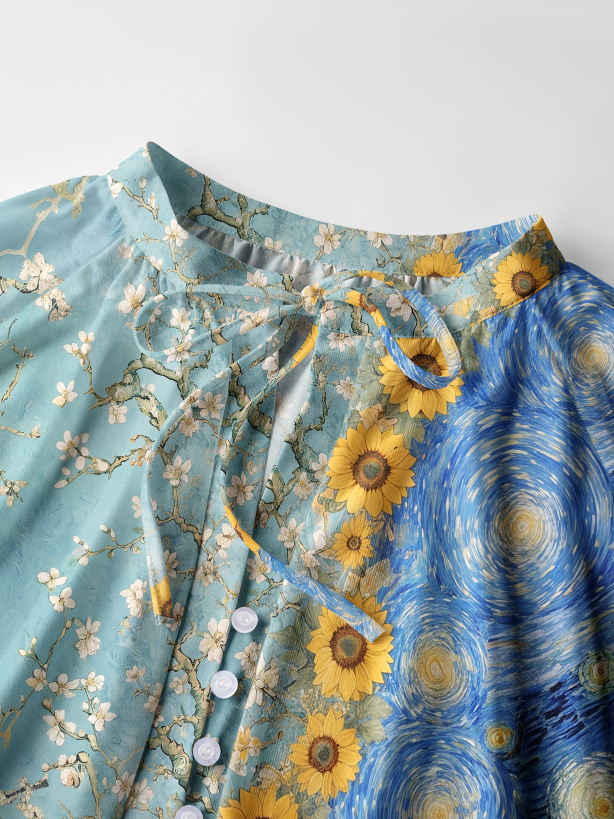 Van Gogh Almond Blossom Starry Night Sunflowers Long Sleeve Tie‑Neck Blouse