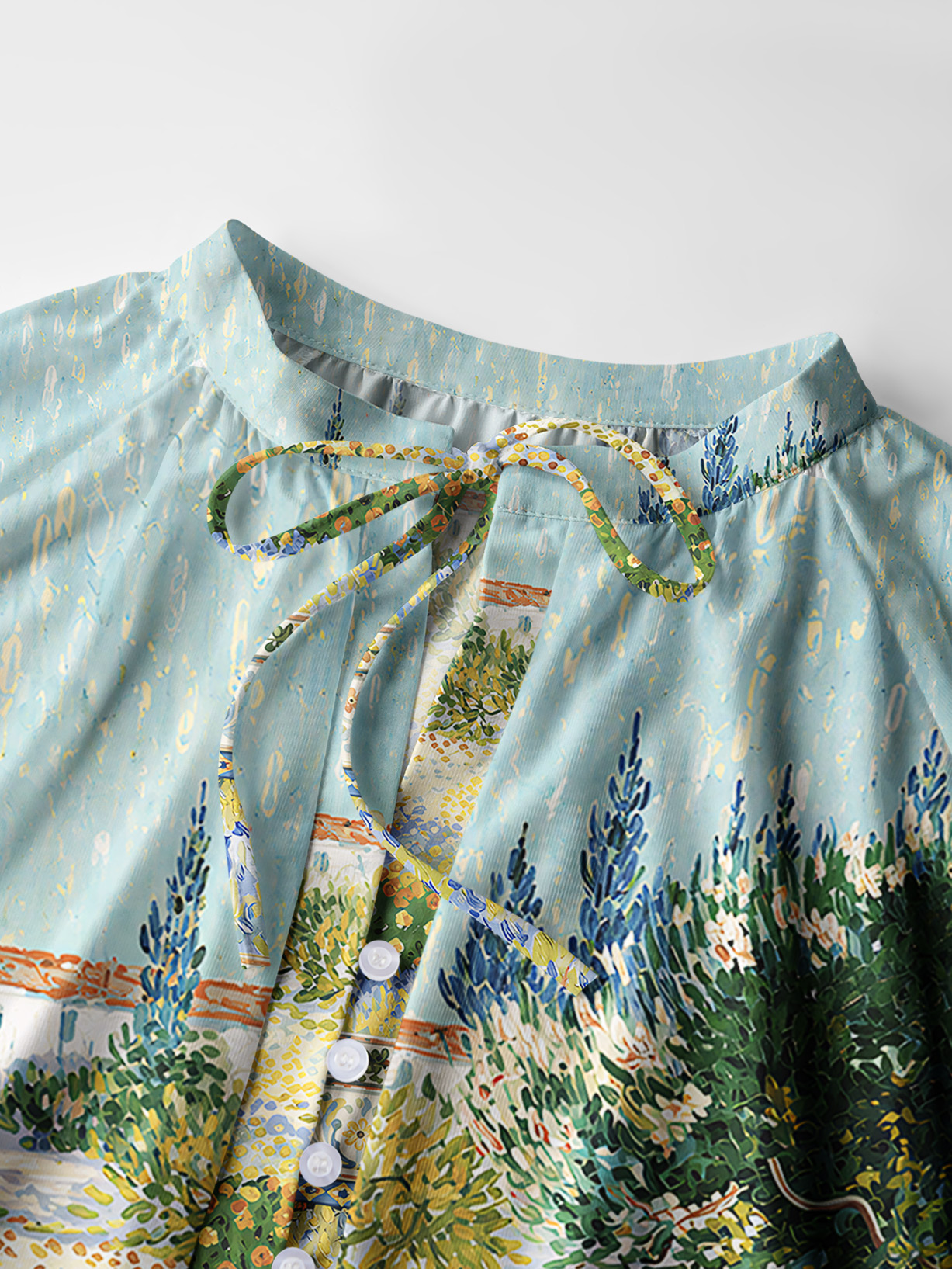 Van Gogh Garden with Flowers Long Sleeve Tie‑Neck Blouse