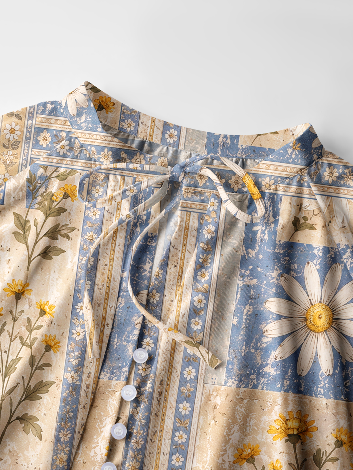 Rustic Daisy Patchwork Boho Long Sleeve Tie‑Neck Blouse