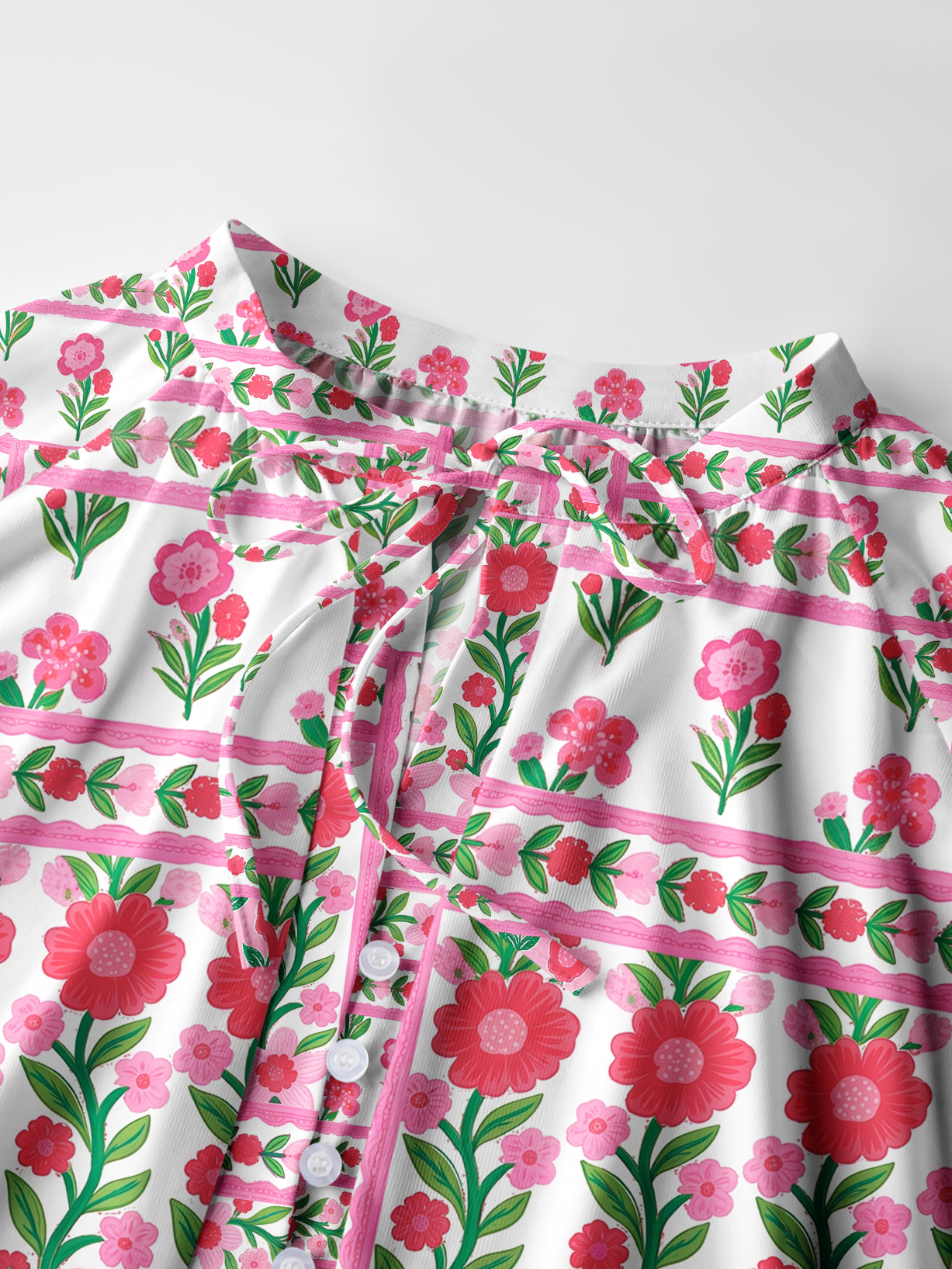Rose Garden Stripe Floral Boho Long Sleeve Tie‑Neck Blouse